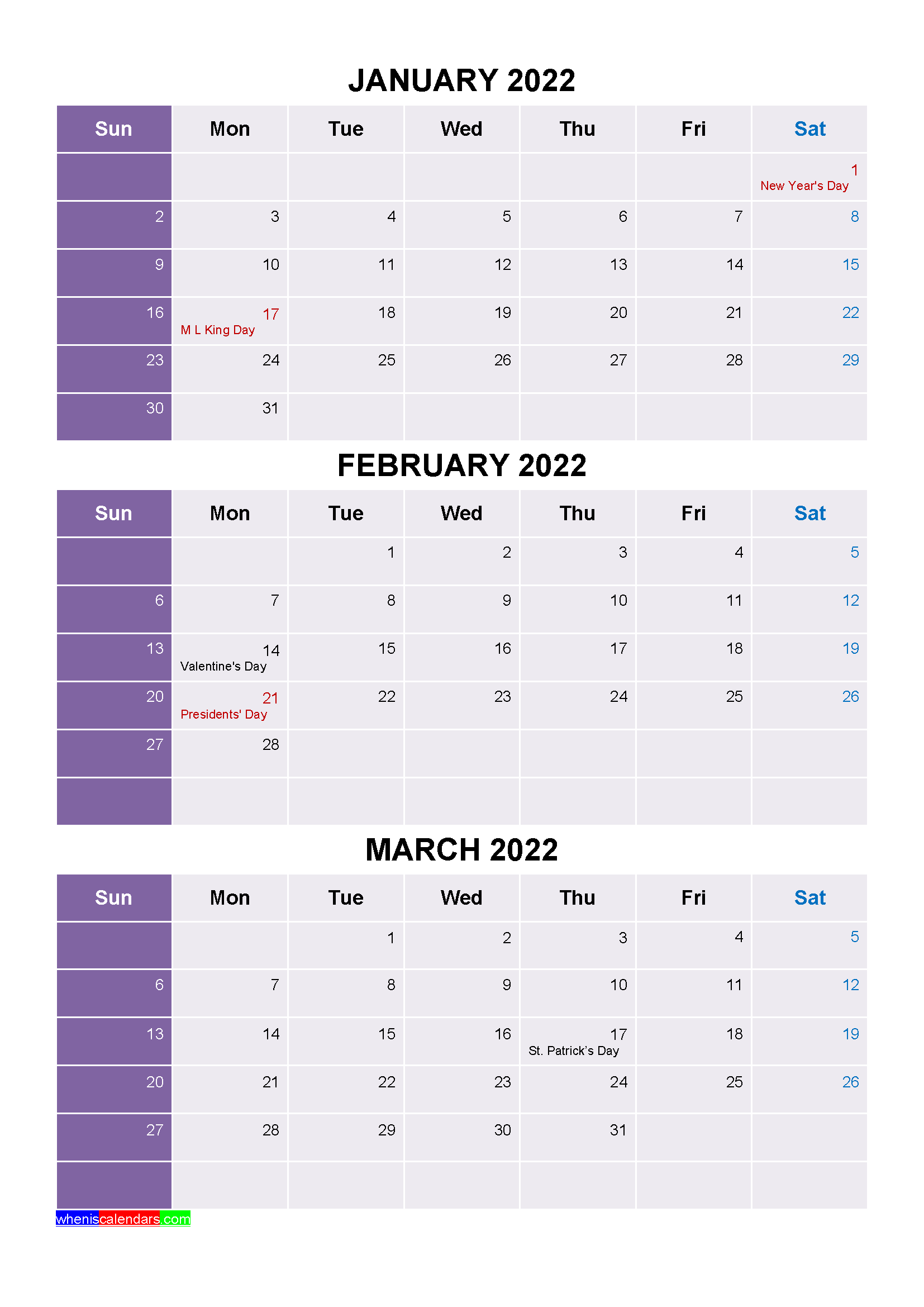 Printable January February March 2022 Calendar Word, PDF