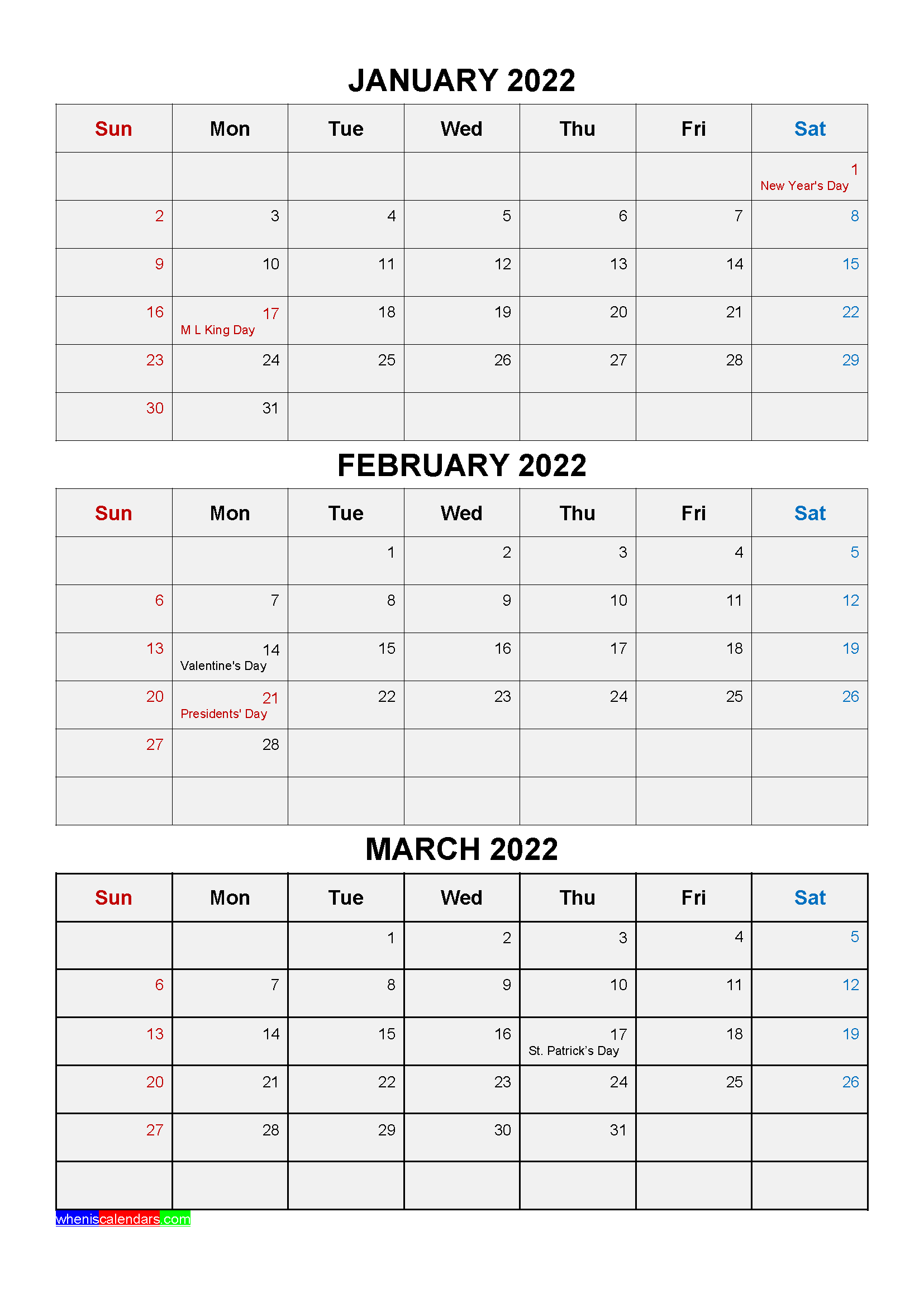 Free Printable January February March 2022 Calendar 3 Months 1 Page