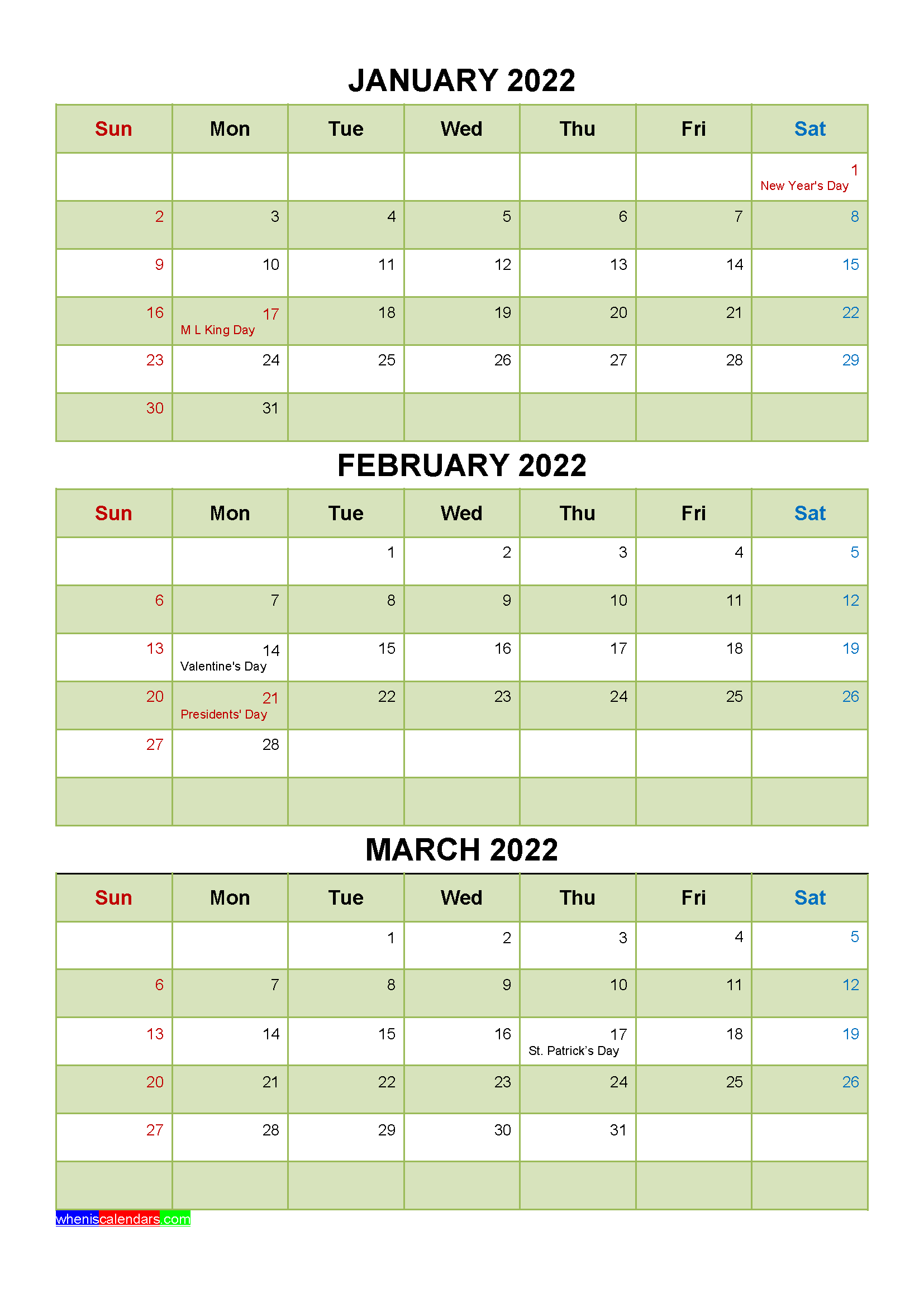 January February March 2022 Calendar with Holidays Word, PDF