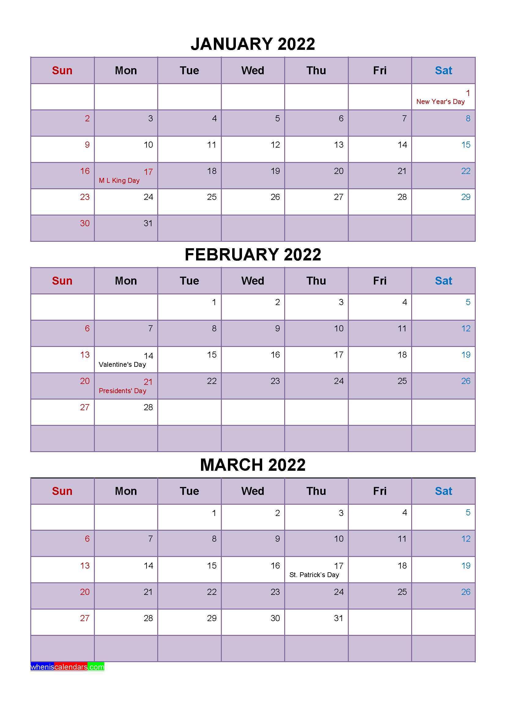 Free Printable January February March 2022 Calendar With Holidays As