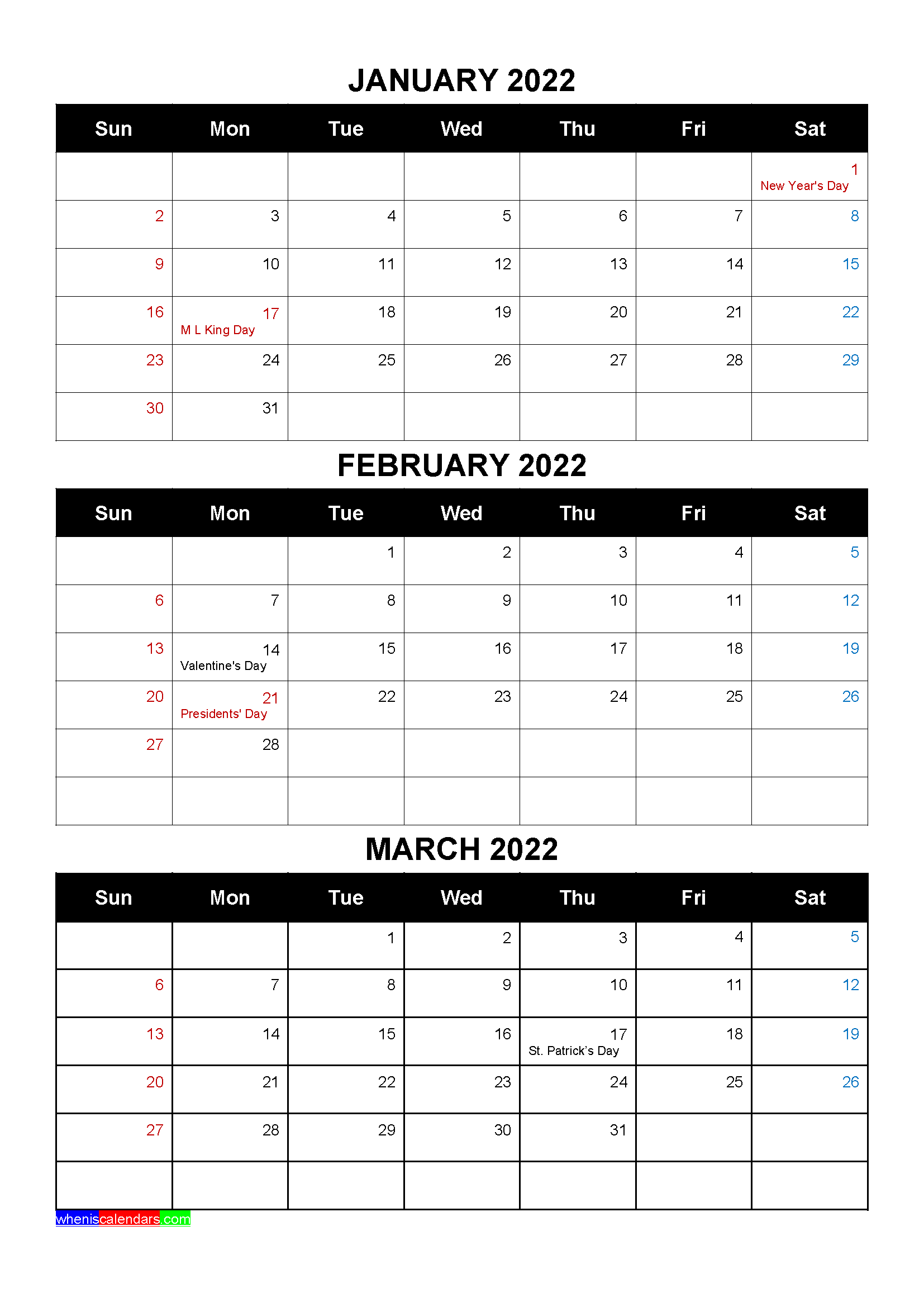 Free January February March 2022 Printable Calendar ...