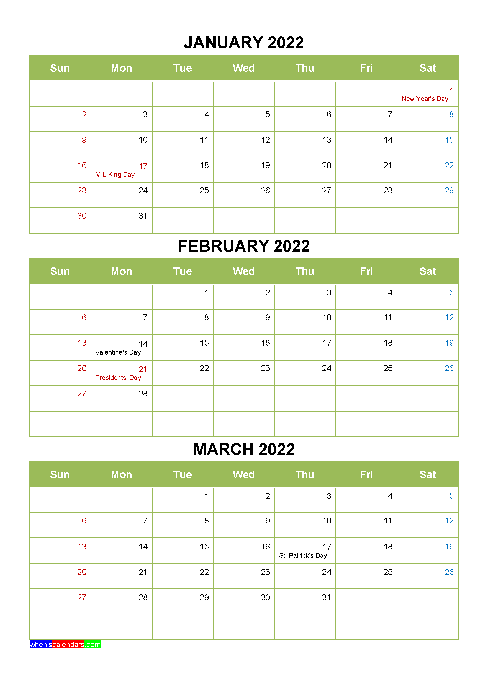 Free Printable January February March 2022 Calendar 3 Months 1 Page