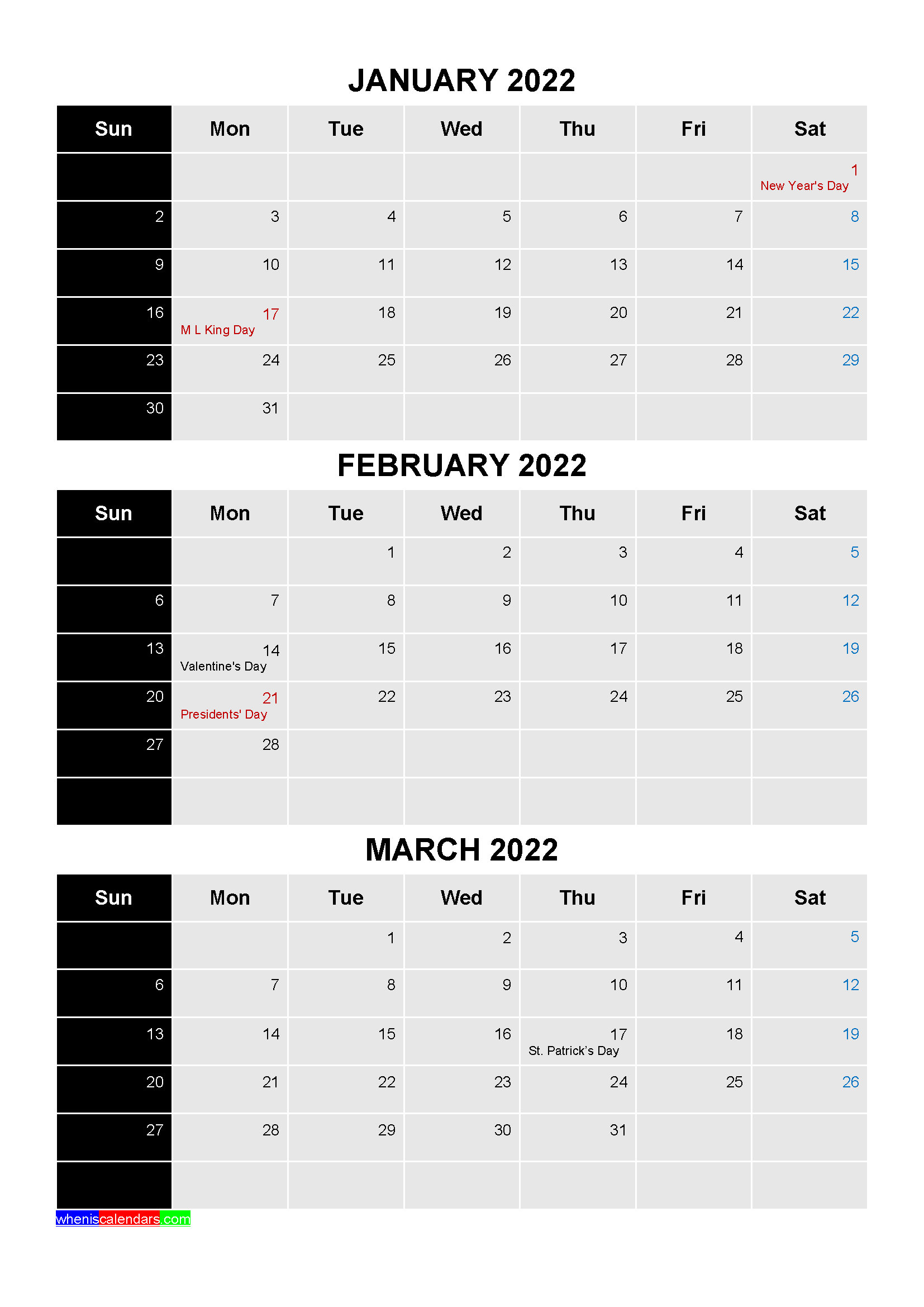 Free Printable January February March 2022 Calendar with Holidays as Word, PDF