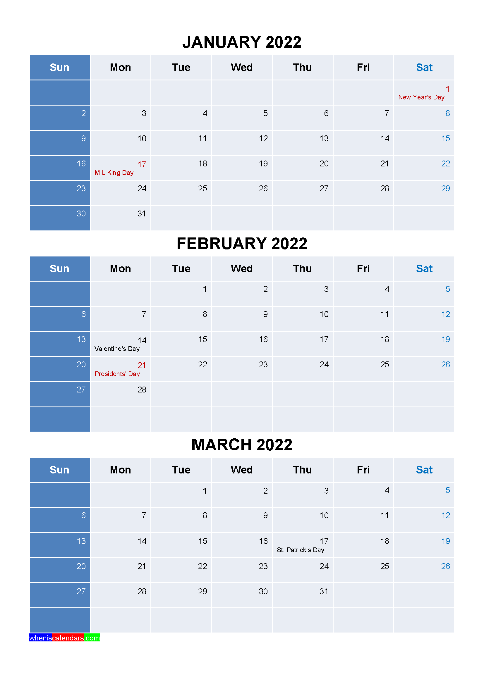 Printable January February March 2022 Calendar Template Word, PDF
