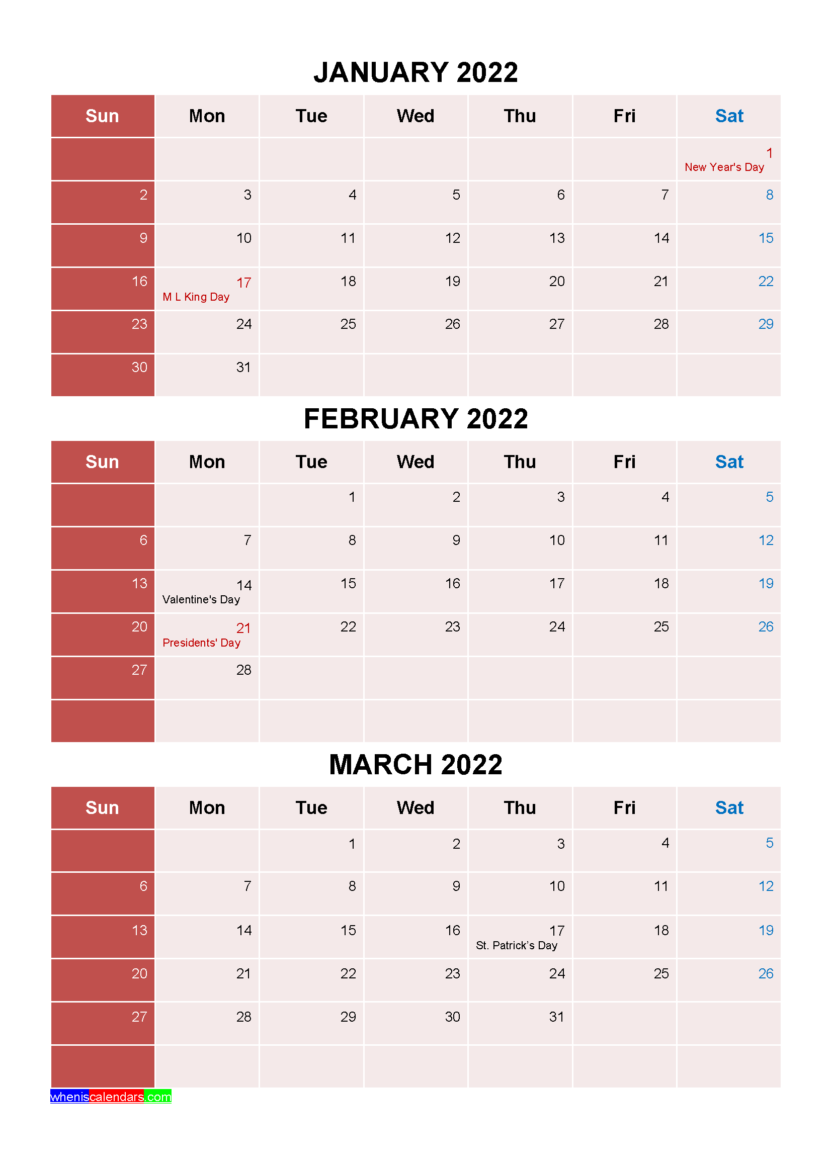 Free Printable 3 Month Calendar 2022 Vertical Design