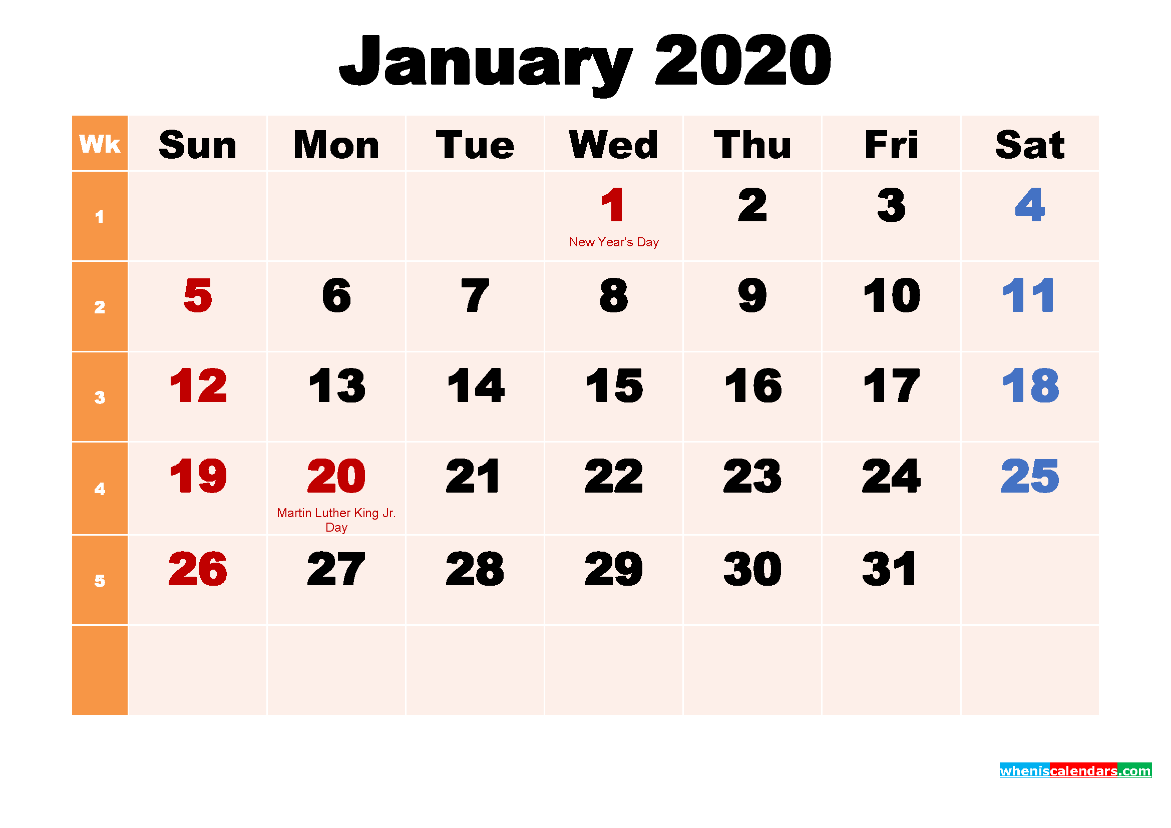 January 2020 Printable Calendar with Holidays Word, PDF