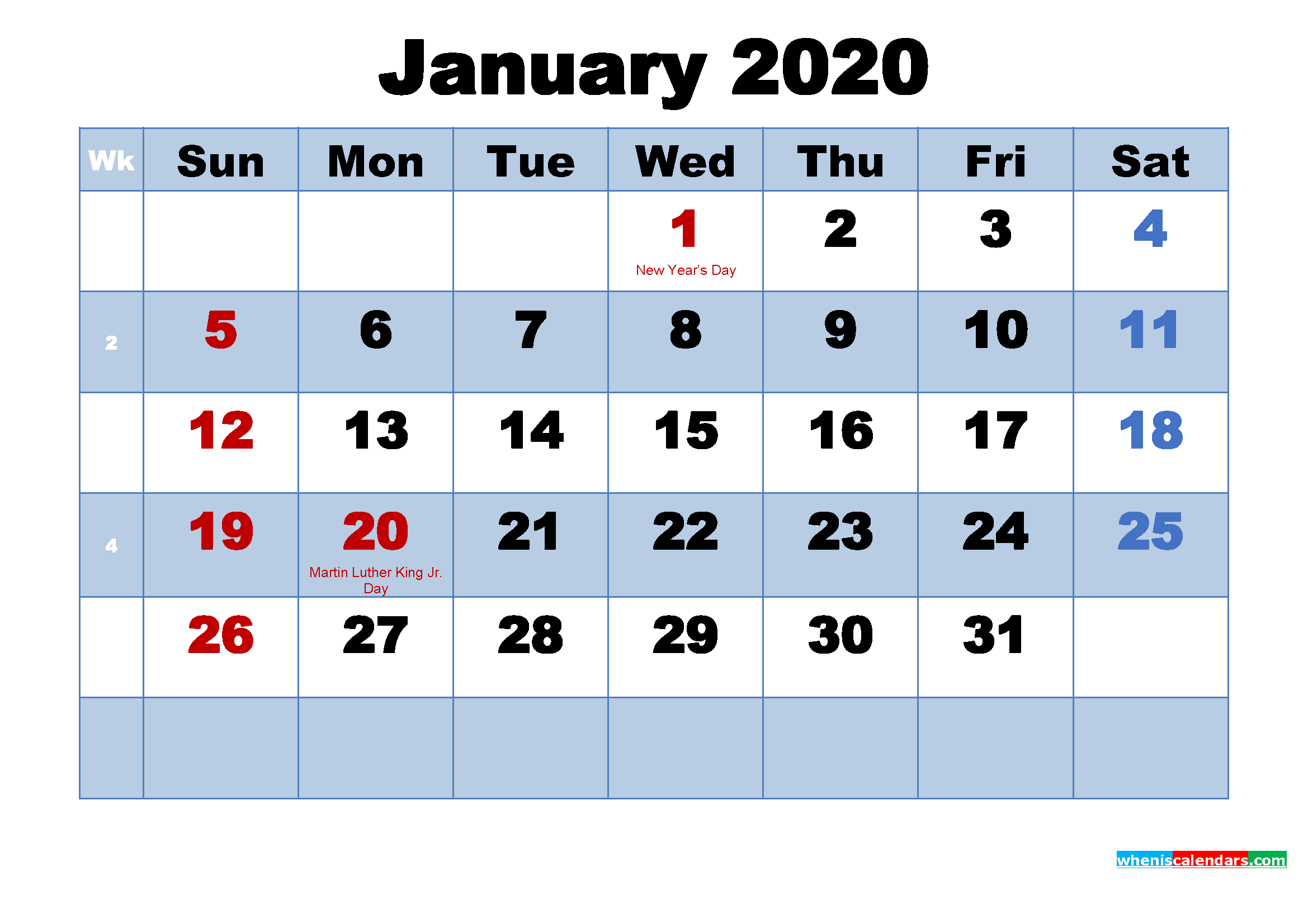 Free Printable 2020 Calendar January as Word, PDF