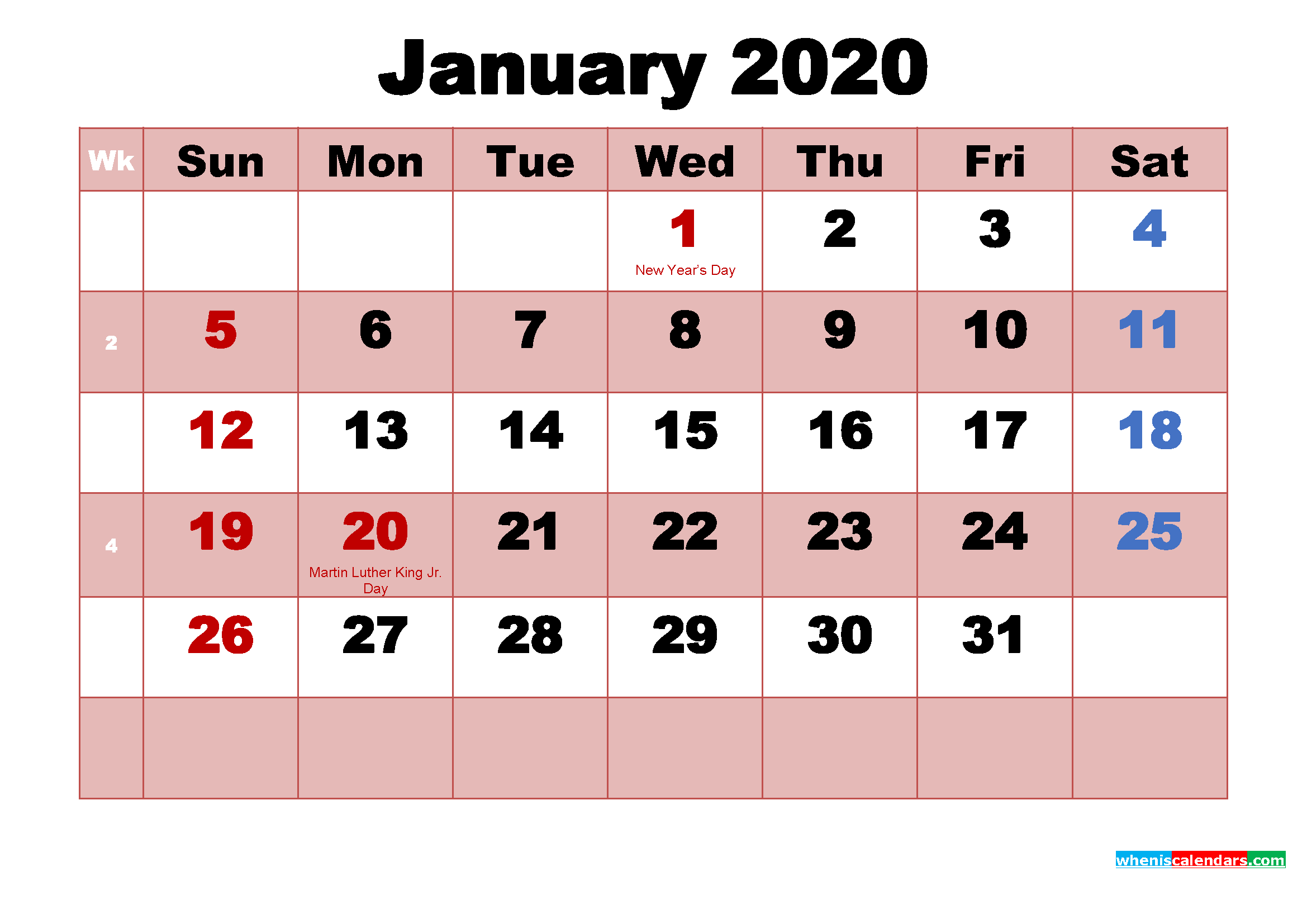January 2020 Printable Monthly Calendar with Holidays