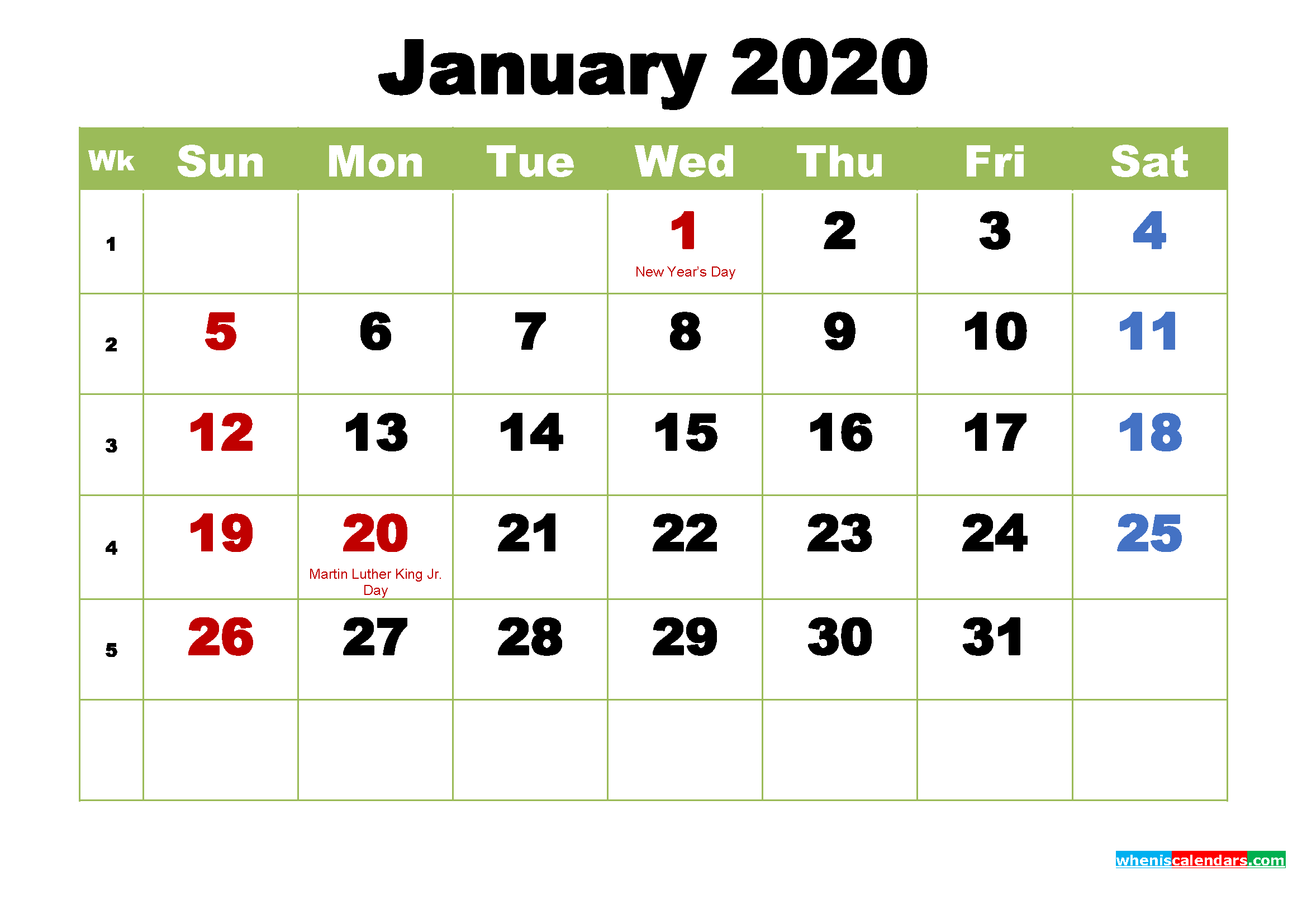 Free January 2020 Printable Calendar with Holidays