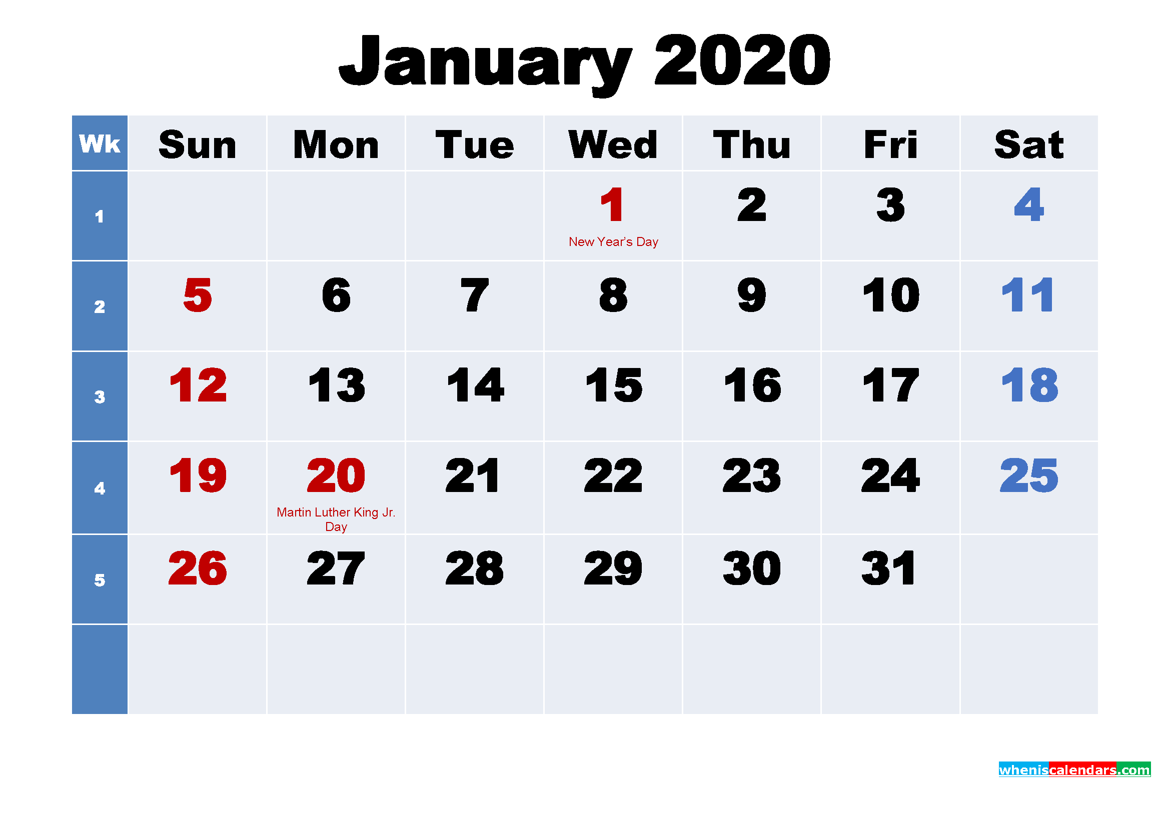 Free 2020 Printable Calendar January as Word, PDF