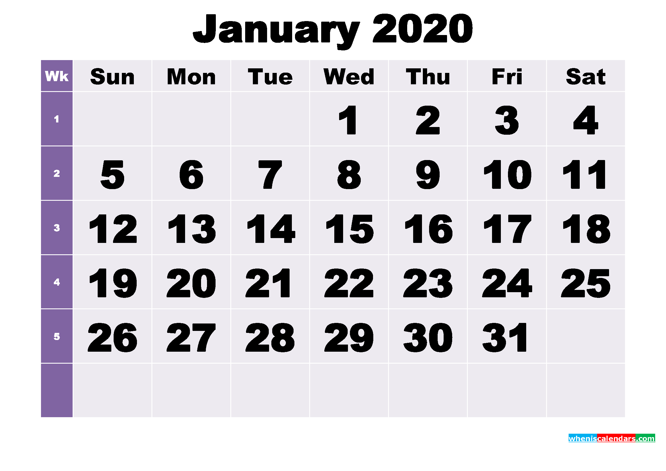 Free January 2020 Printable Monthly Calendar Template