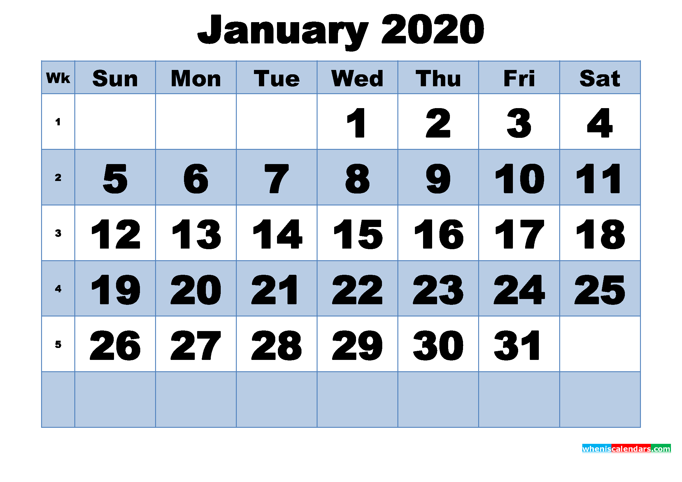 Free Printable January 2020 Calendar with Week Numbers