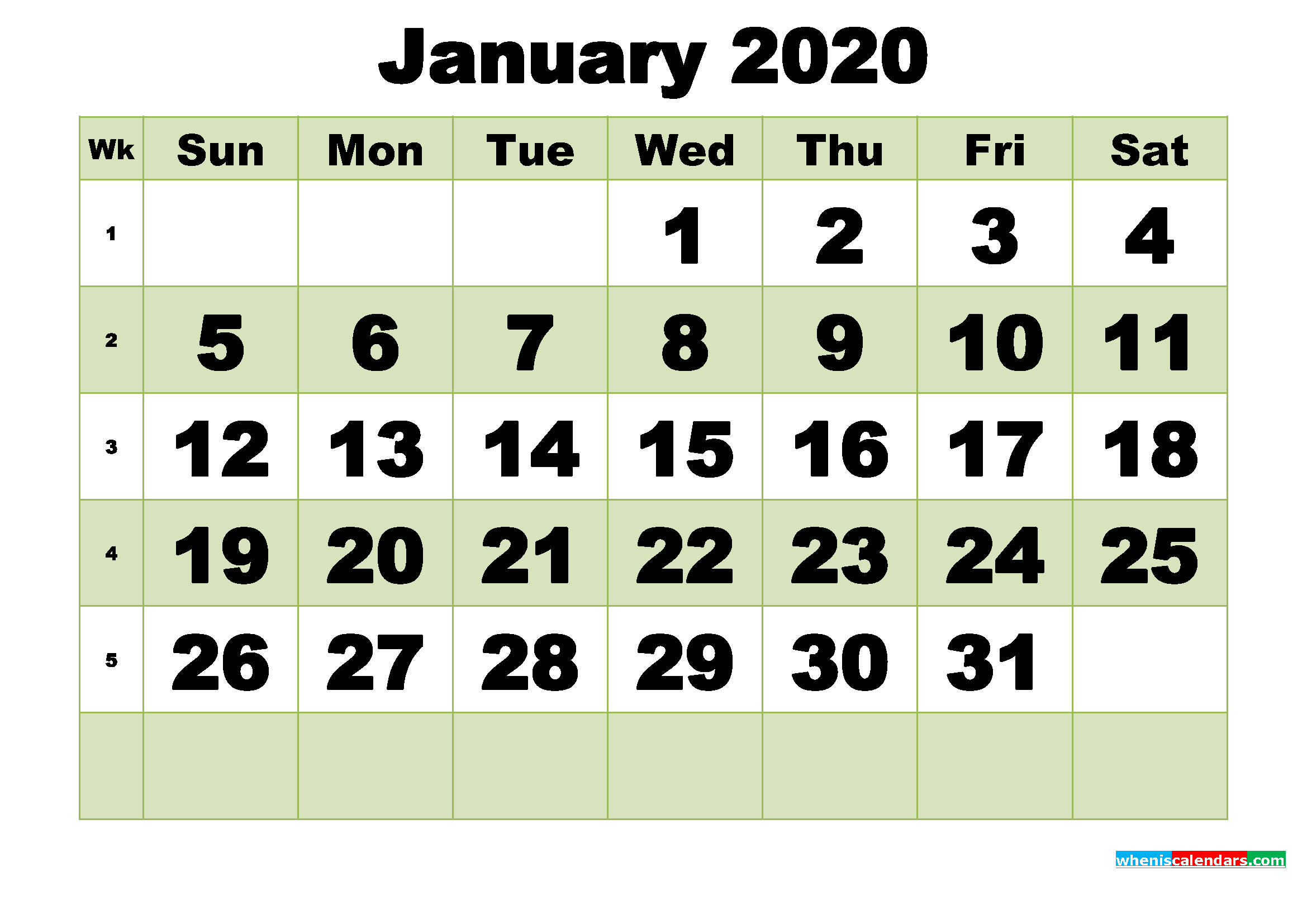 January 2020 Printable Calendar Template