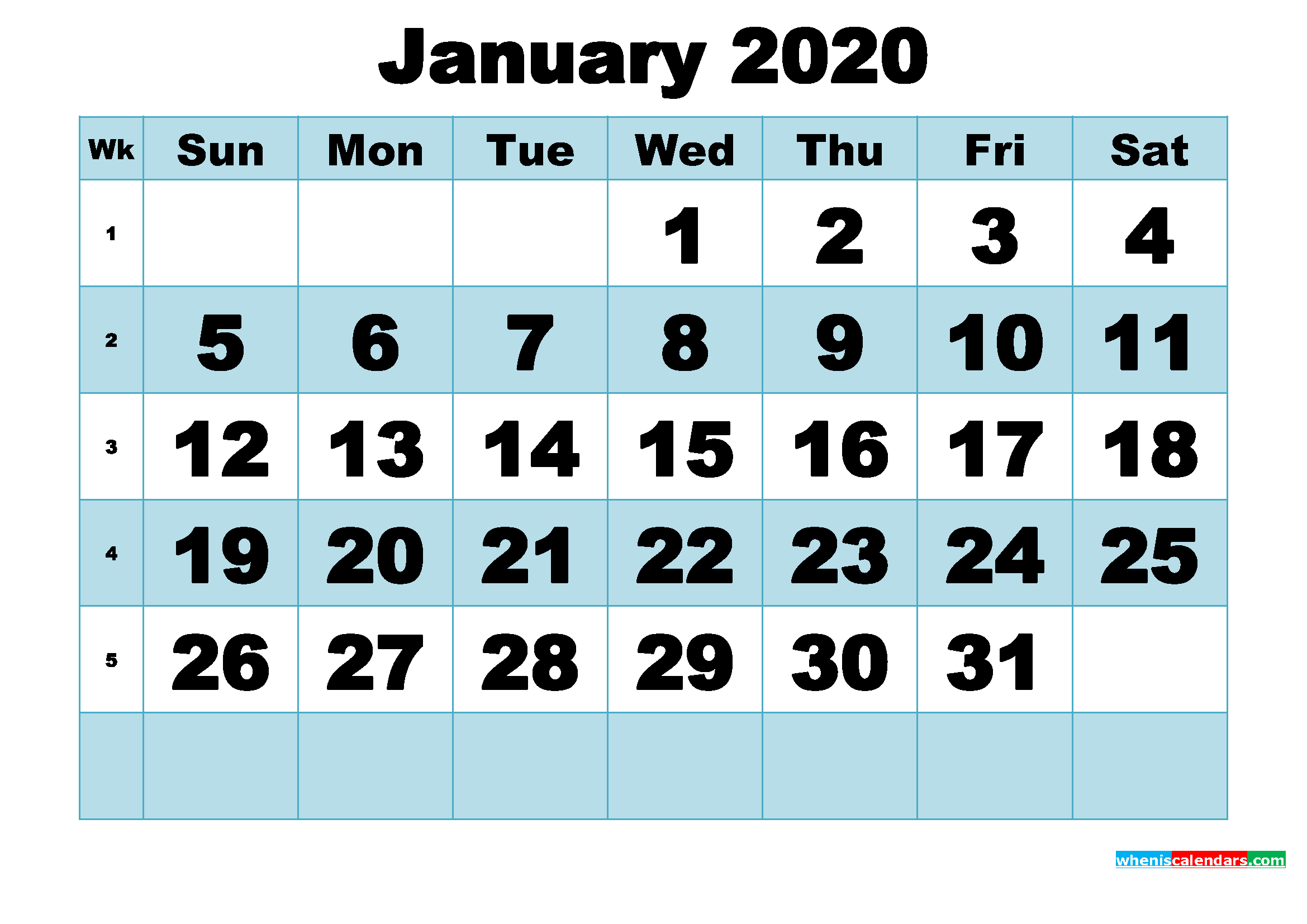 Free Printable January 2020 Calendar Word, PDF, Image