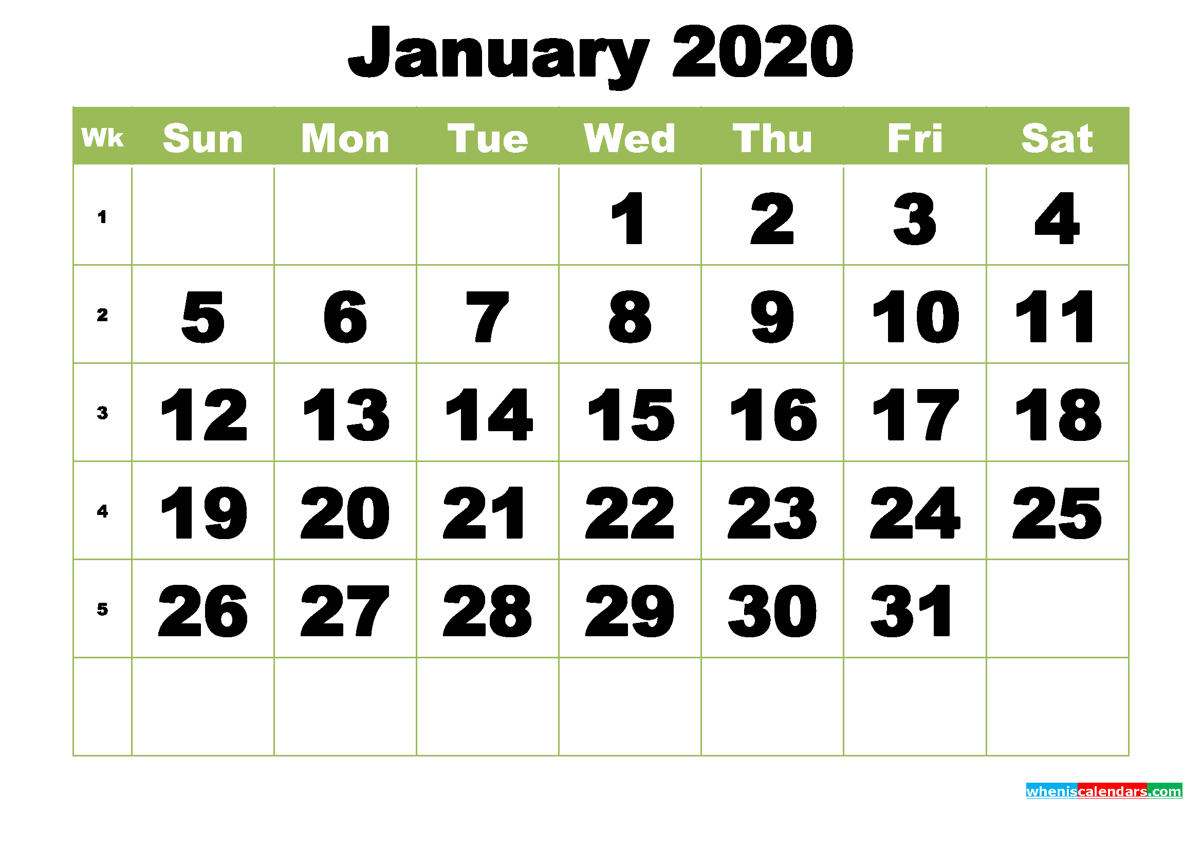 Free Printable Monthly Calendar January 2020