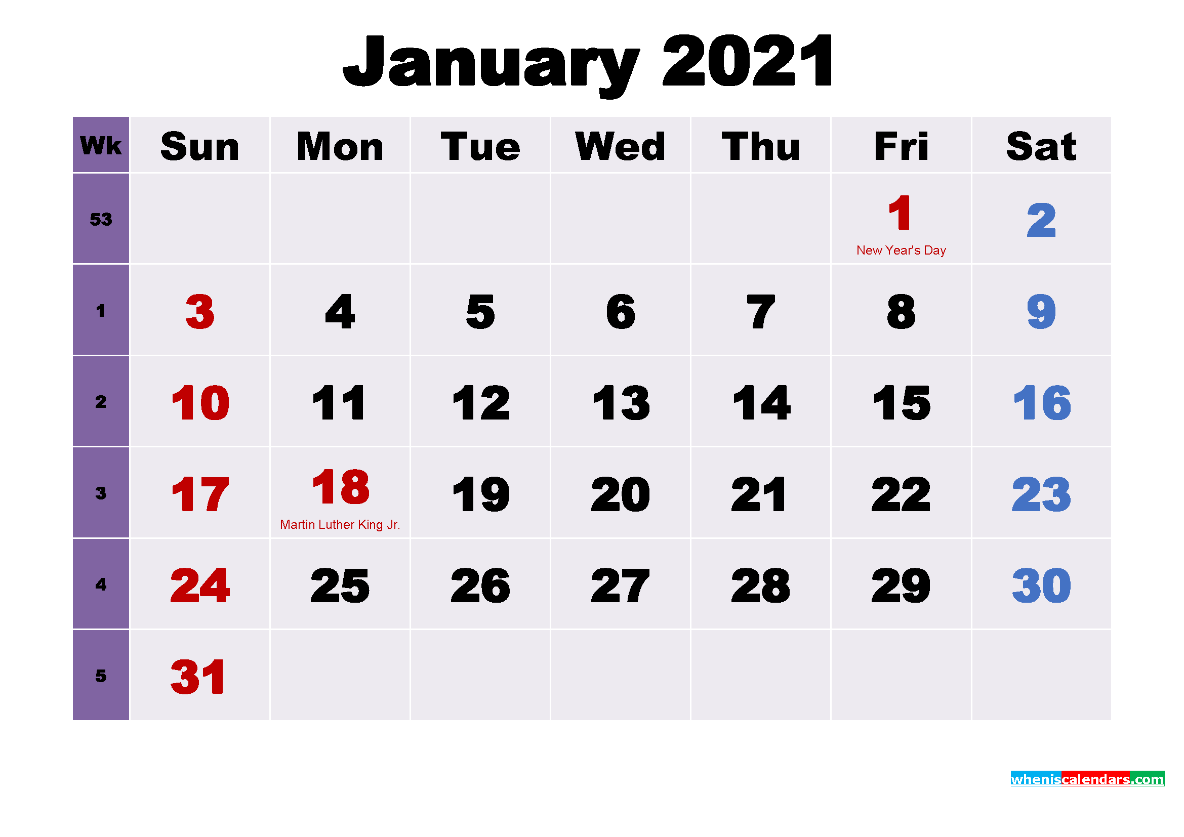 Printable January 2021 Calendar with Holidays Word, PDF