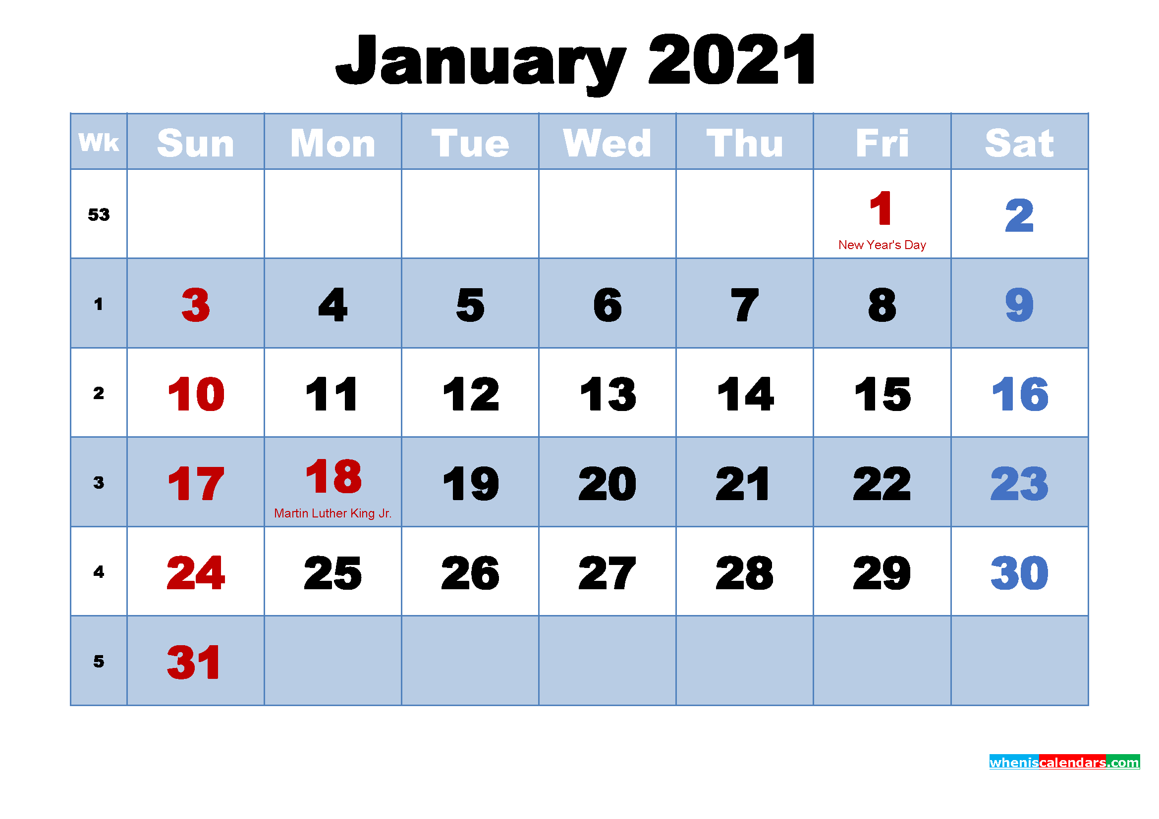 2021 Calendar With Holidays January