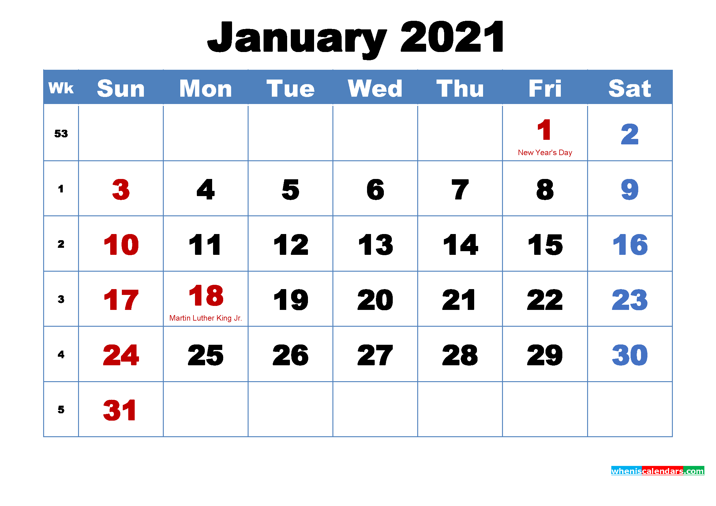 Free Printable January 2021 Calendar with Holidays - Free ...