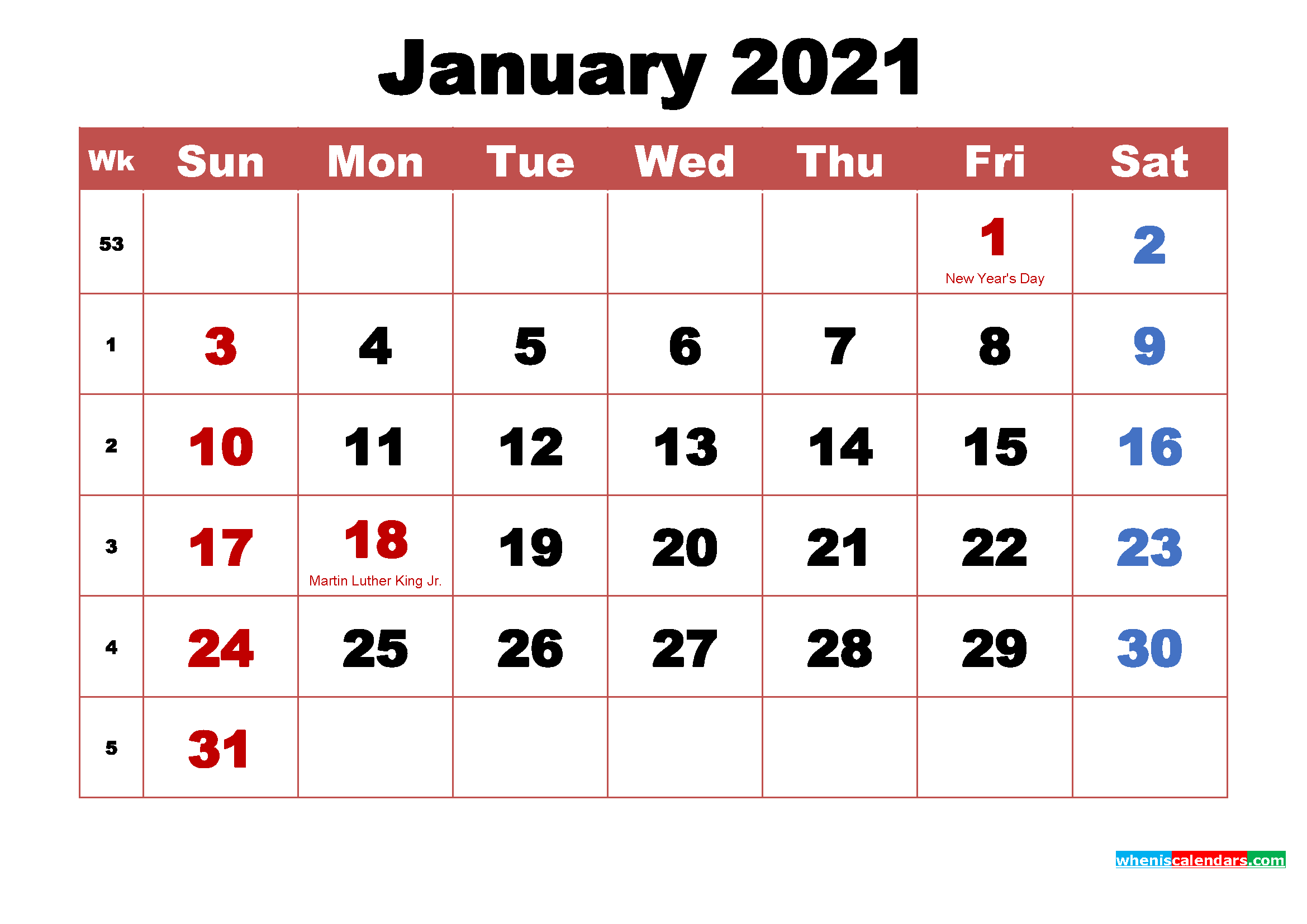 January 2021 Calendar With Holidays Printable