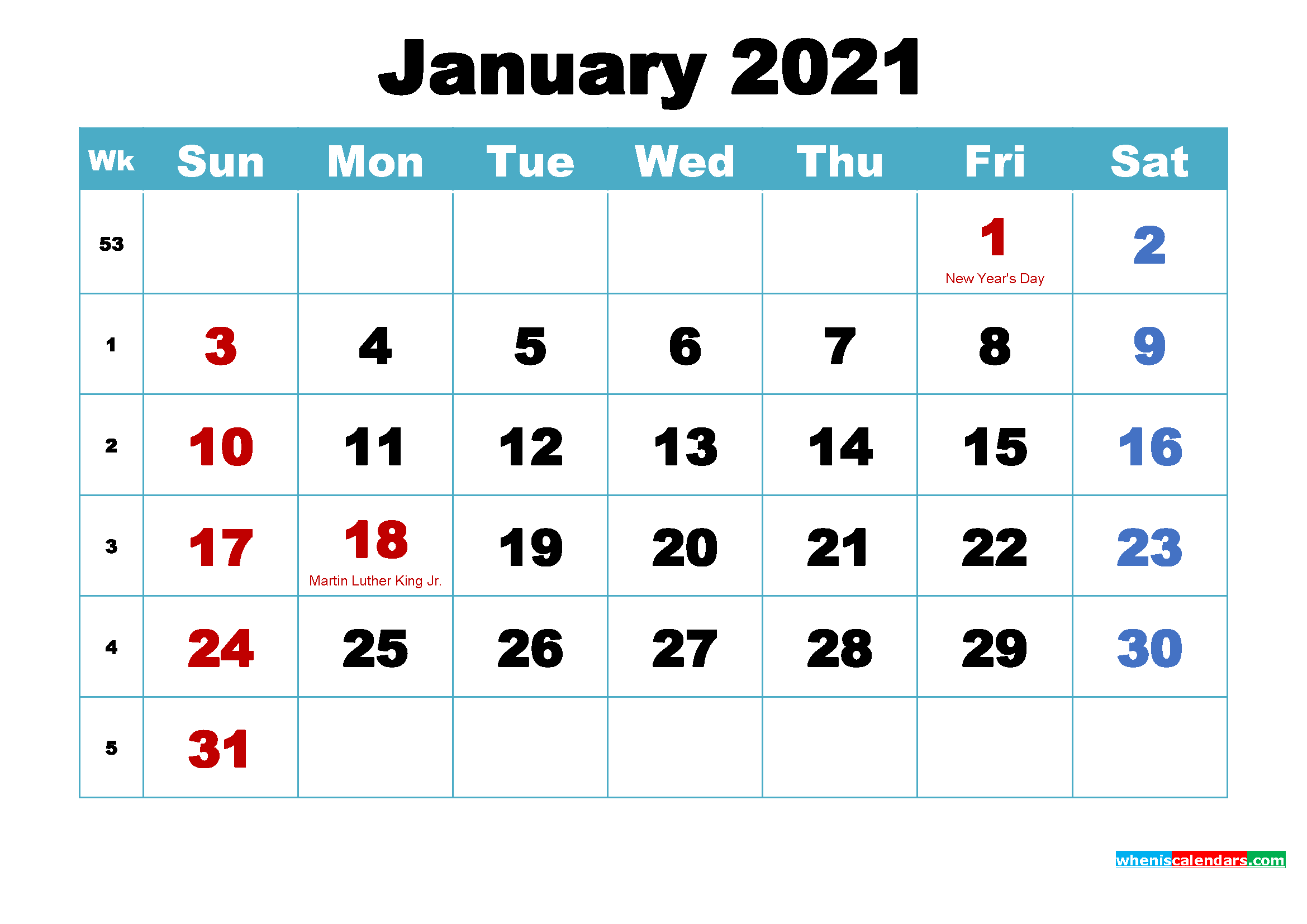 Free Printable 2021 Calendar January as Word, PDF