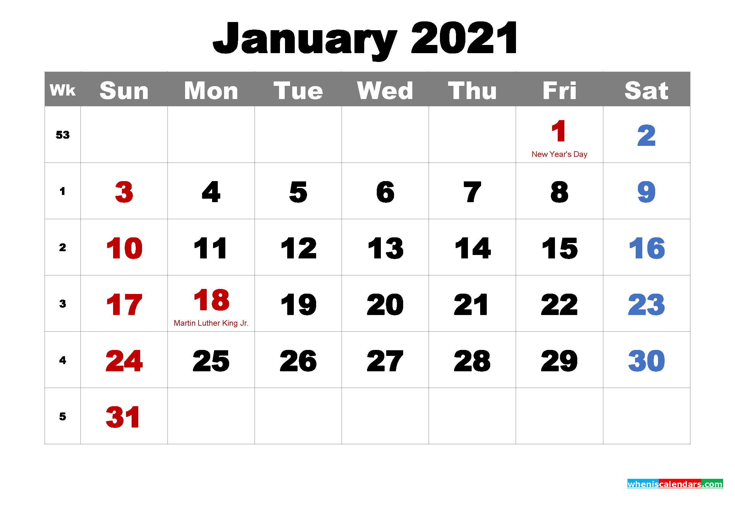 Free Printable January 2021 Calendar with Holidays as Word, PDF