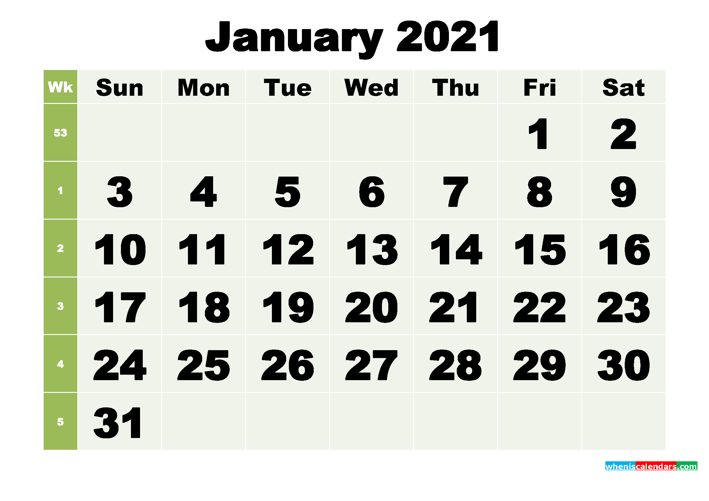 January 2021 Printable Calendar Template