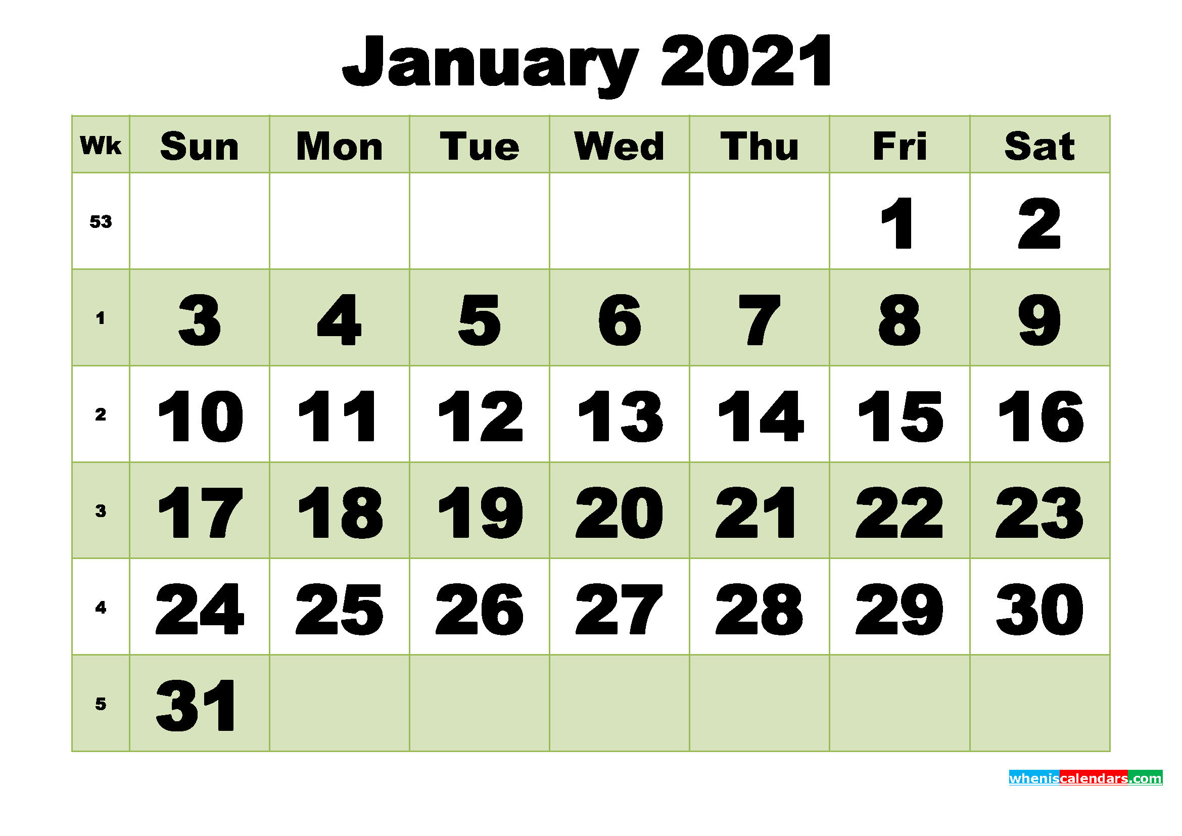 January 2021 Printable Calendar Template