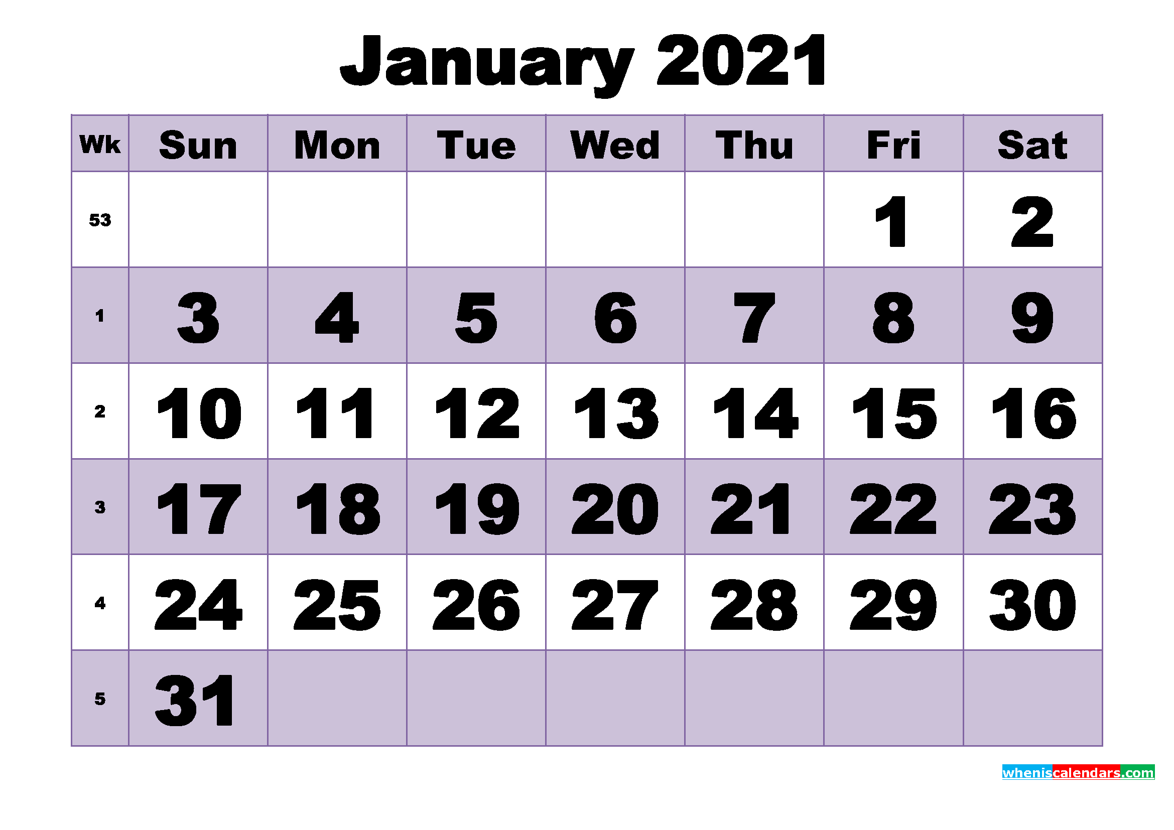 Free January 2021 Printable Monthly Calendar Template