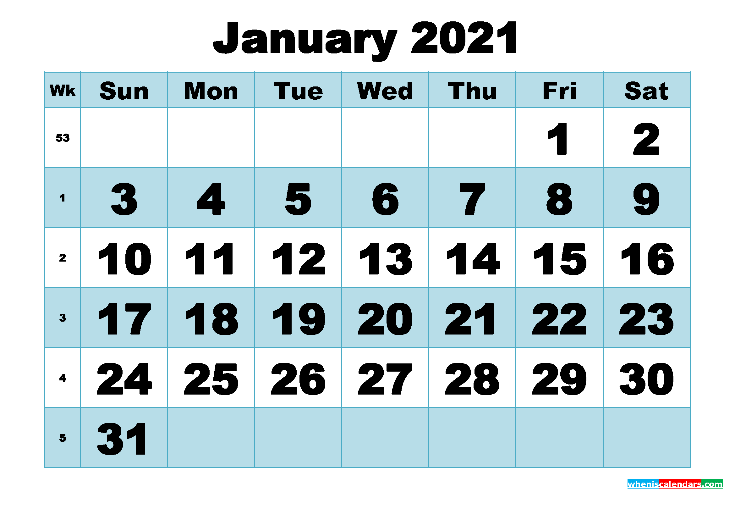 Free Printable January 2021 Calendar Word, PDF, Image