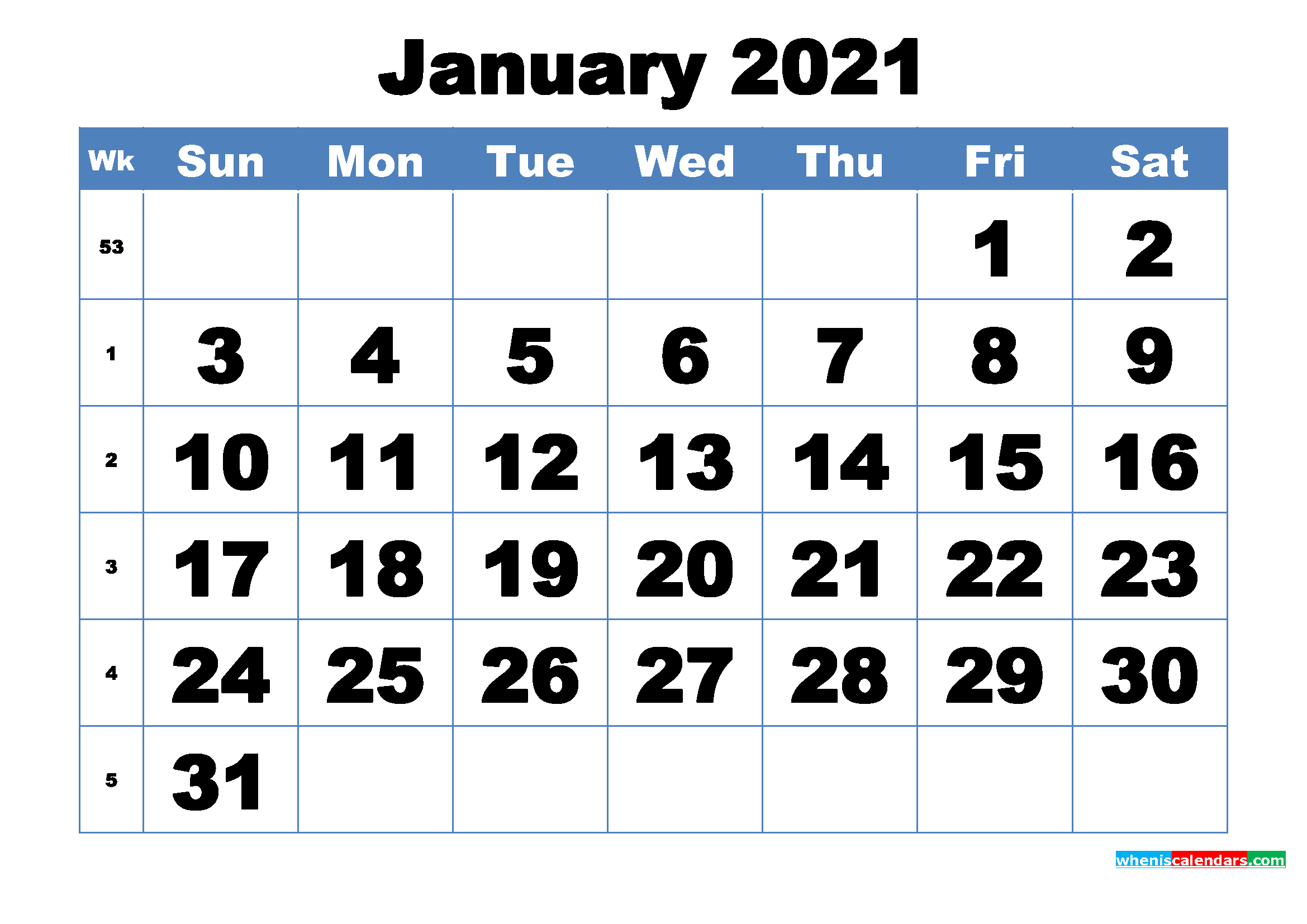 Free Printable January 2021 Calendar Template Word, PDF