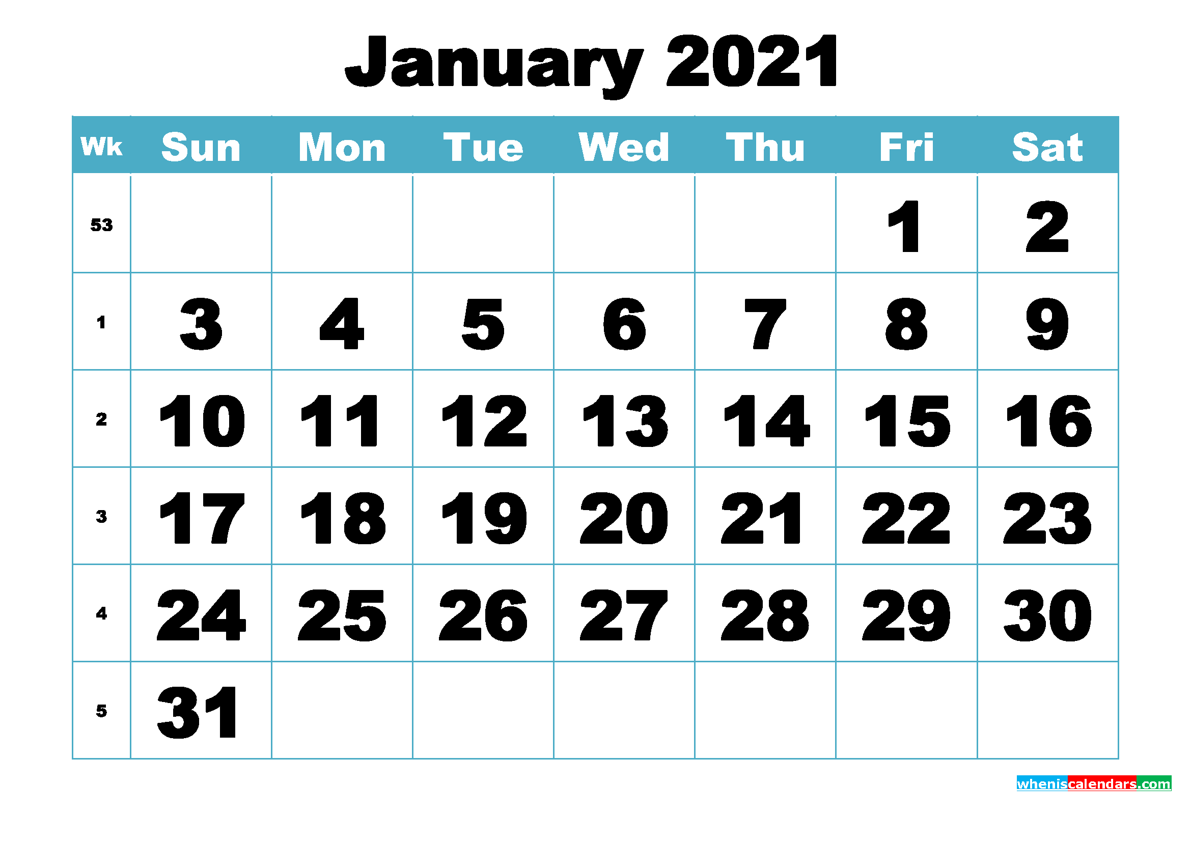 Free January 2021 Printable Monthly Calendar Template
