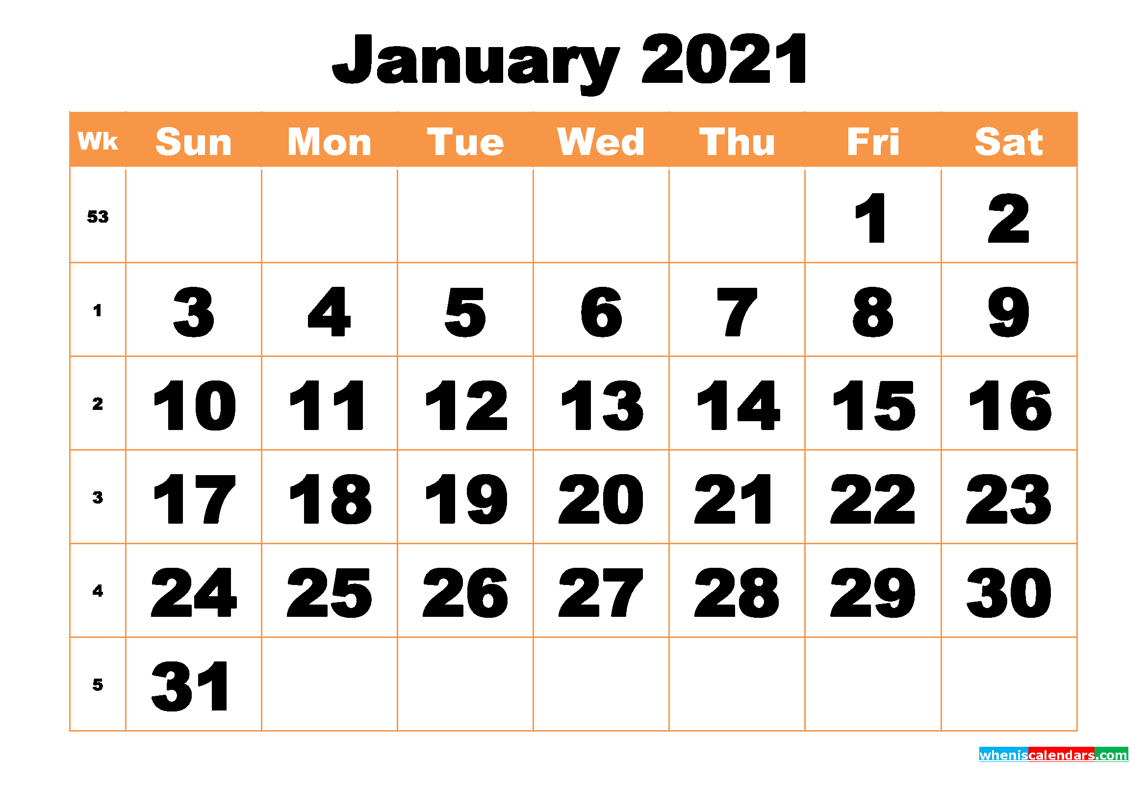Free Printable January 2021 Calendar Word Pdf Image