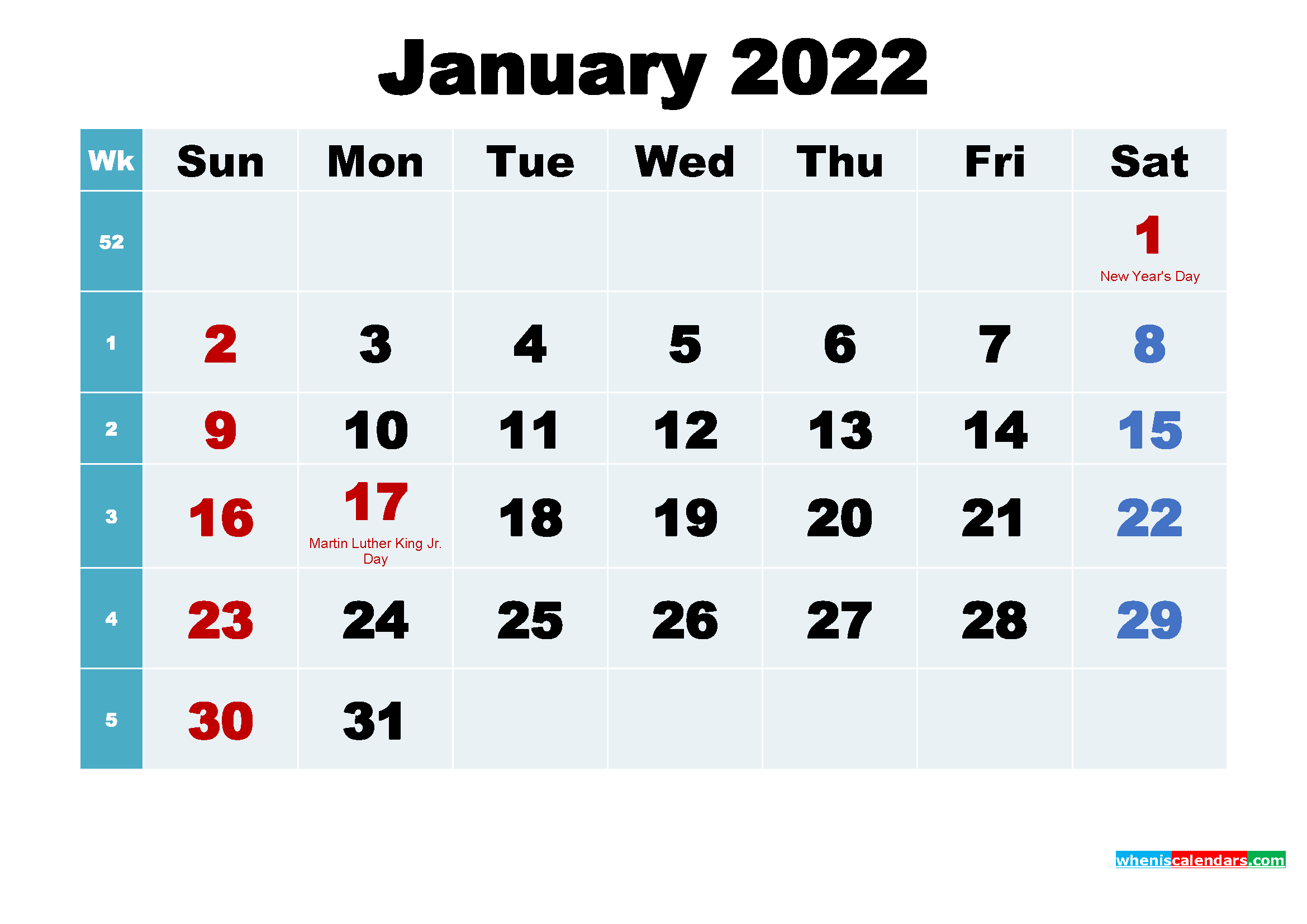 Free January 2022 Printable Calendar with Holidays
