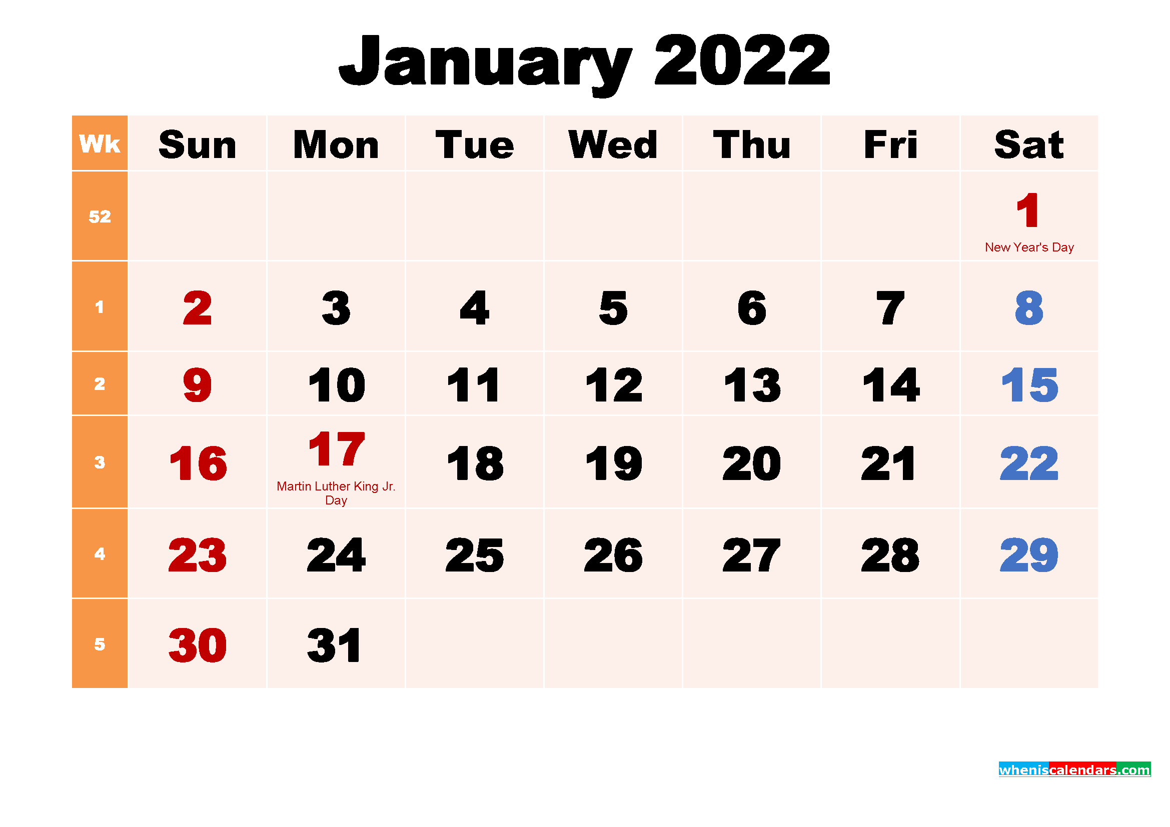 January 2022 Printable Calendar with Holidays Word, PDF