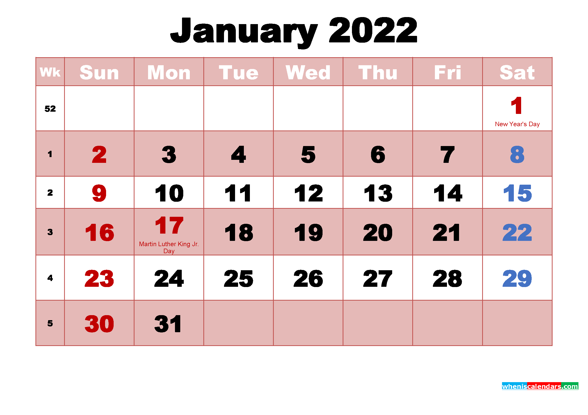 January 2022 Printable Monthly Calendar with Holidays