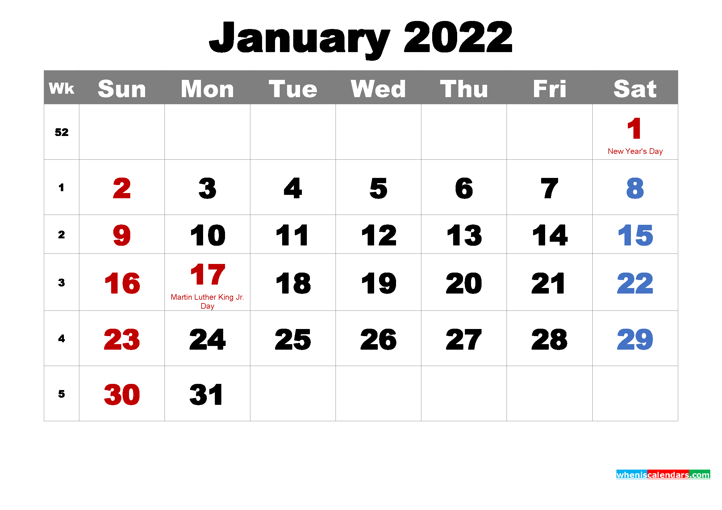 Free Printable January 2022 Calendar with Holidays as Word, PDF