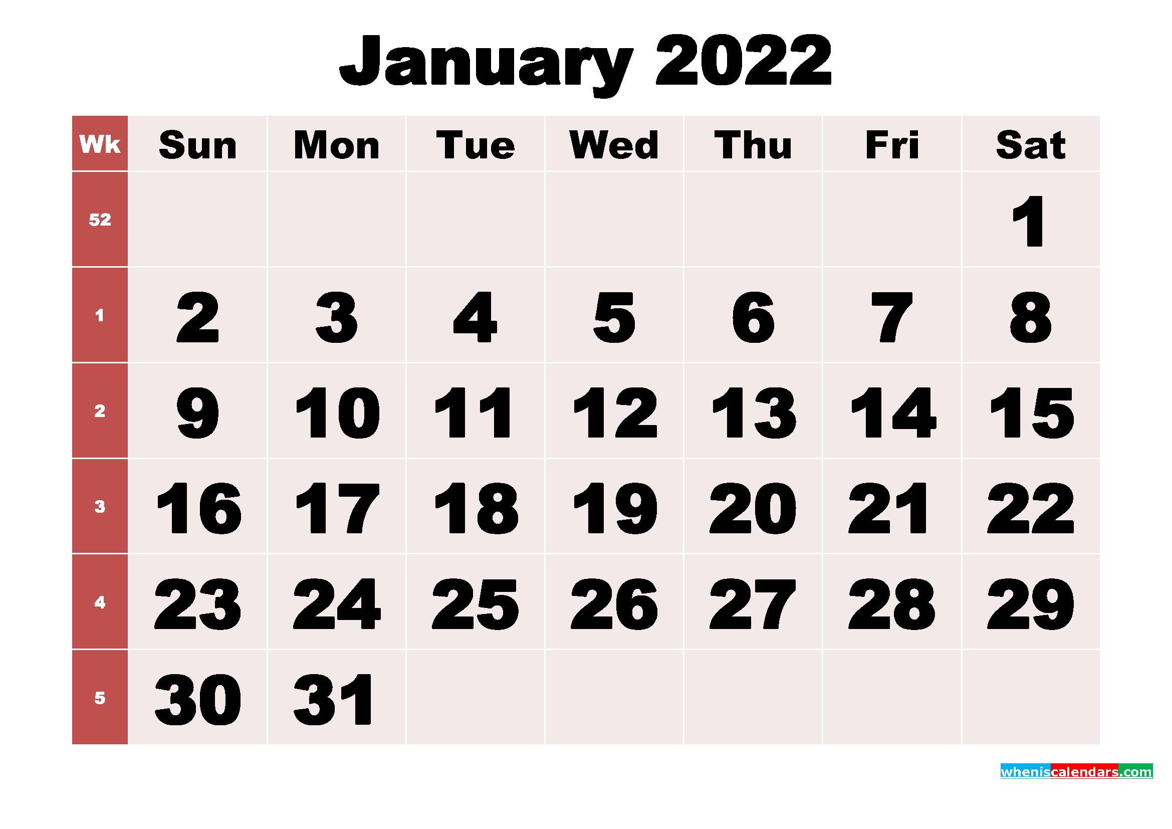 Free Printable Monthly Calendar January 2022