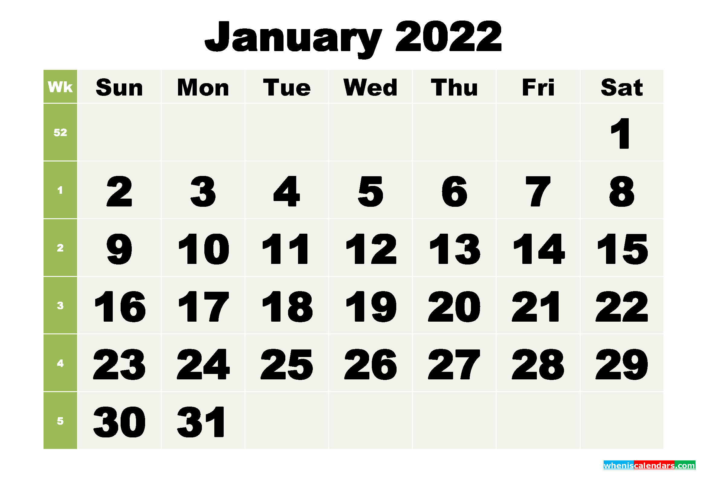 January 2022 Printable Calendar Template