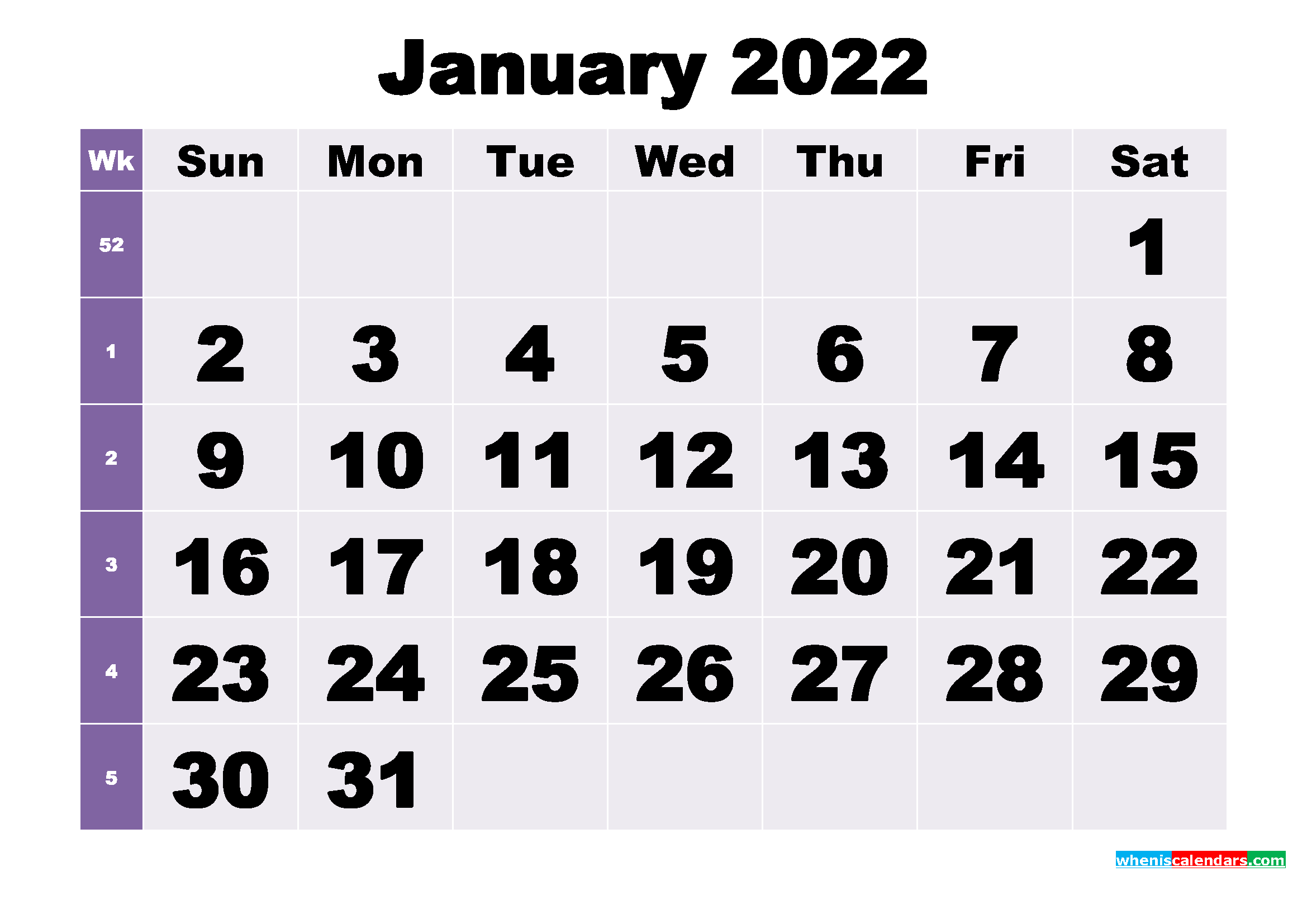 Free January 2022 Printable Monthly Calendar Template