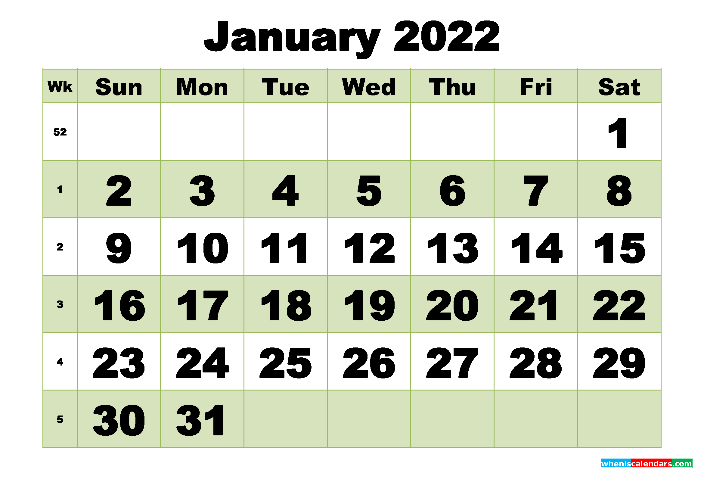 January 2022 Printable Calendar Template