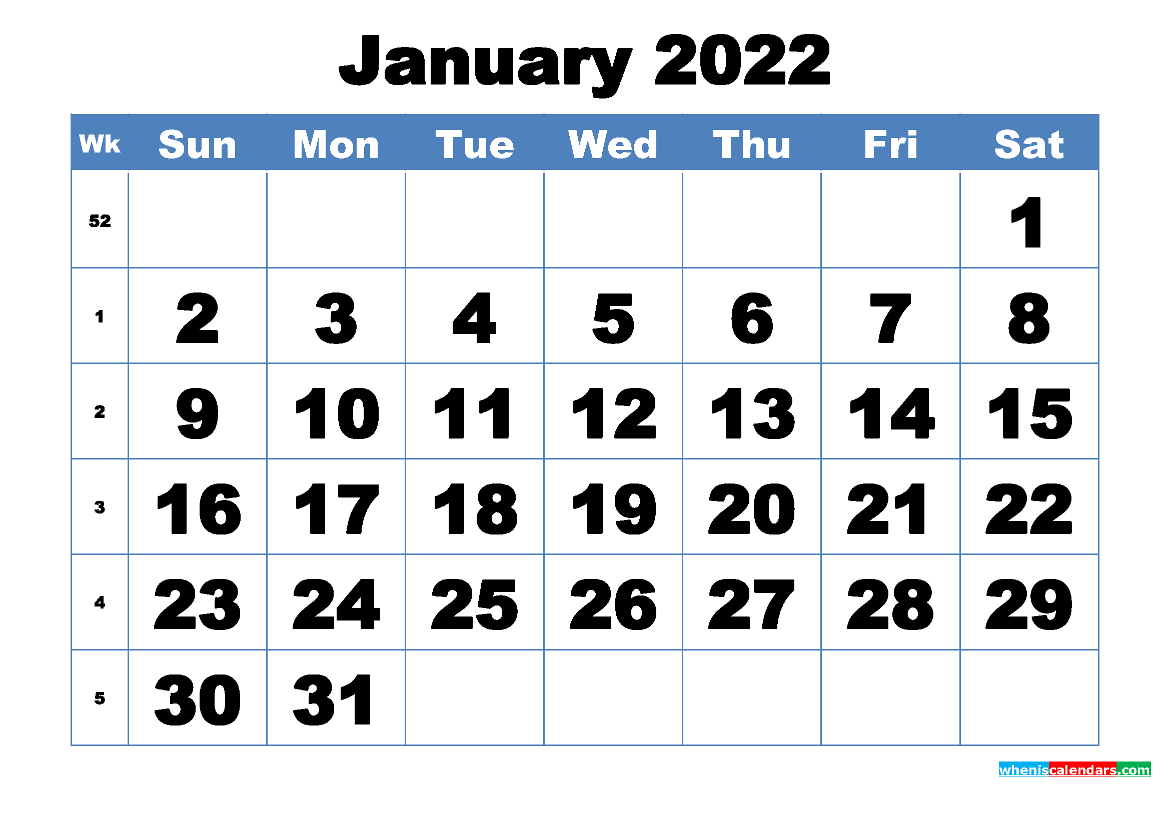free printable january 2022 calendar template word pdf