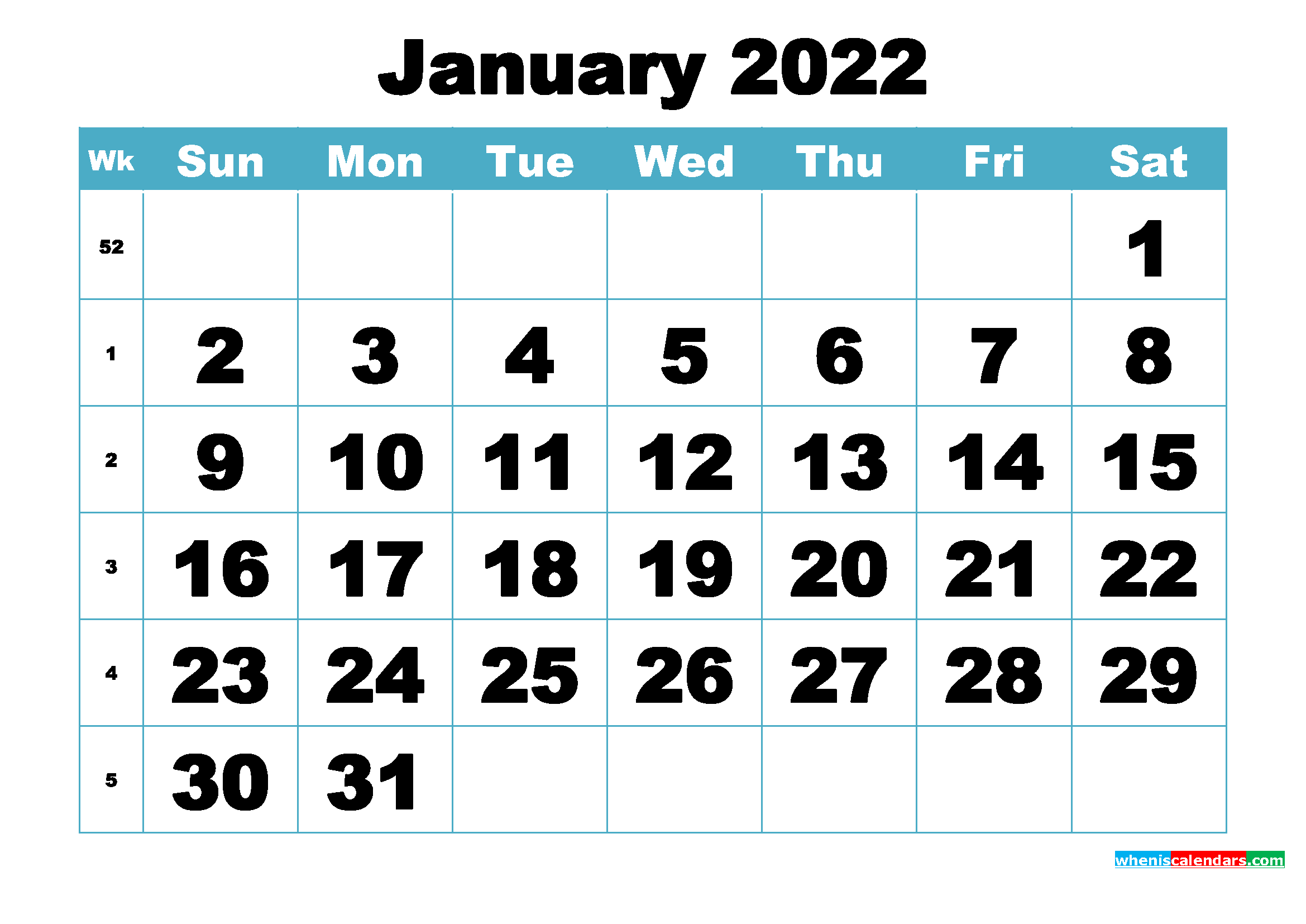 Free January 2022 Printable Monthly Calendar Template