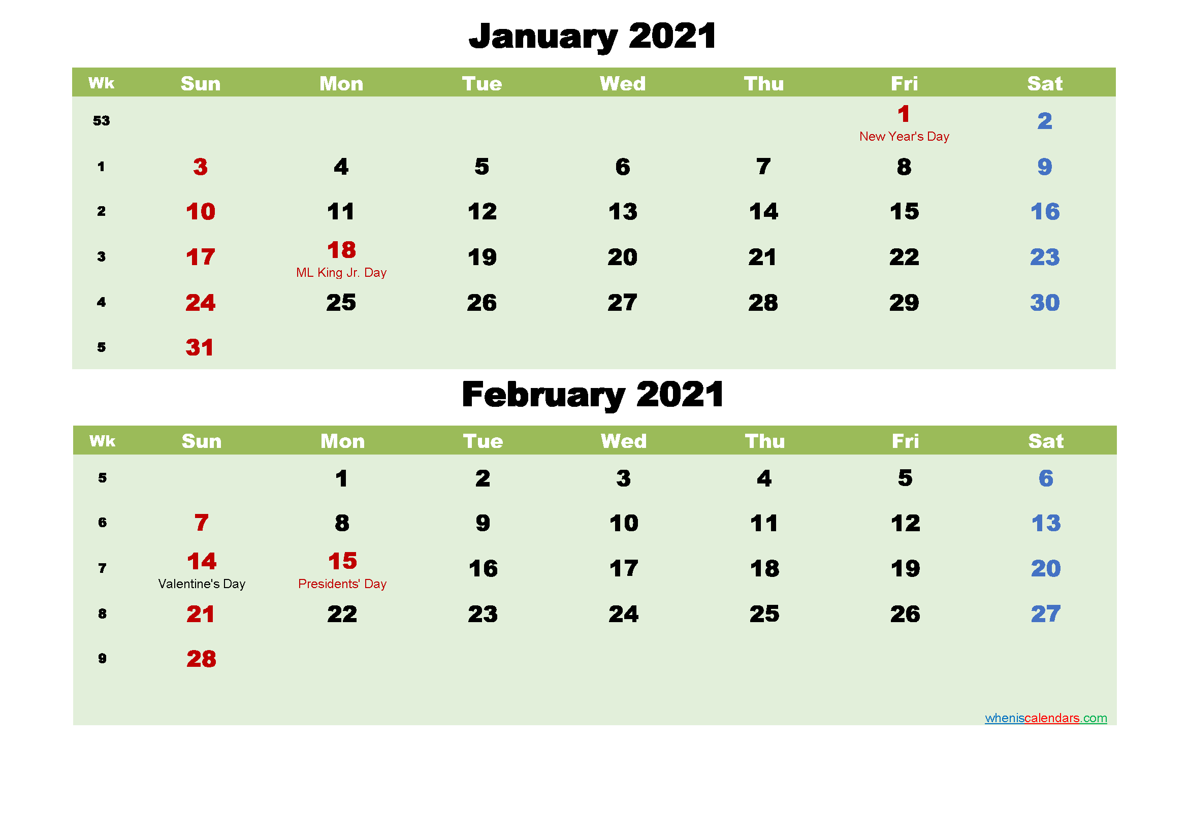 January And February 2021 Calendar With Holidays Free Printable