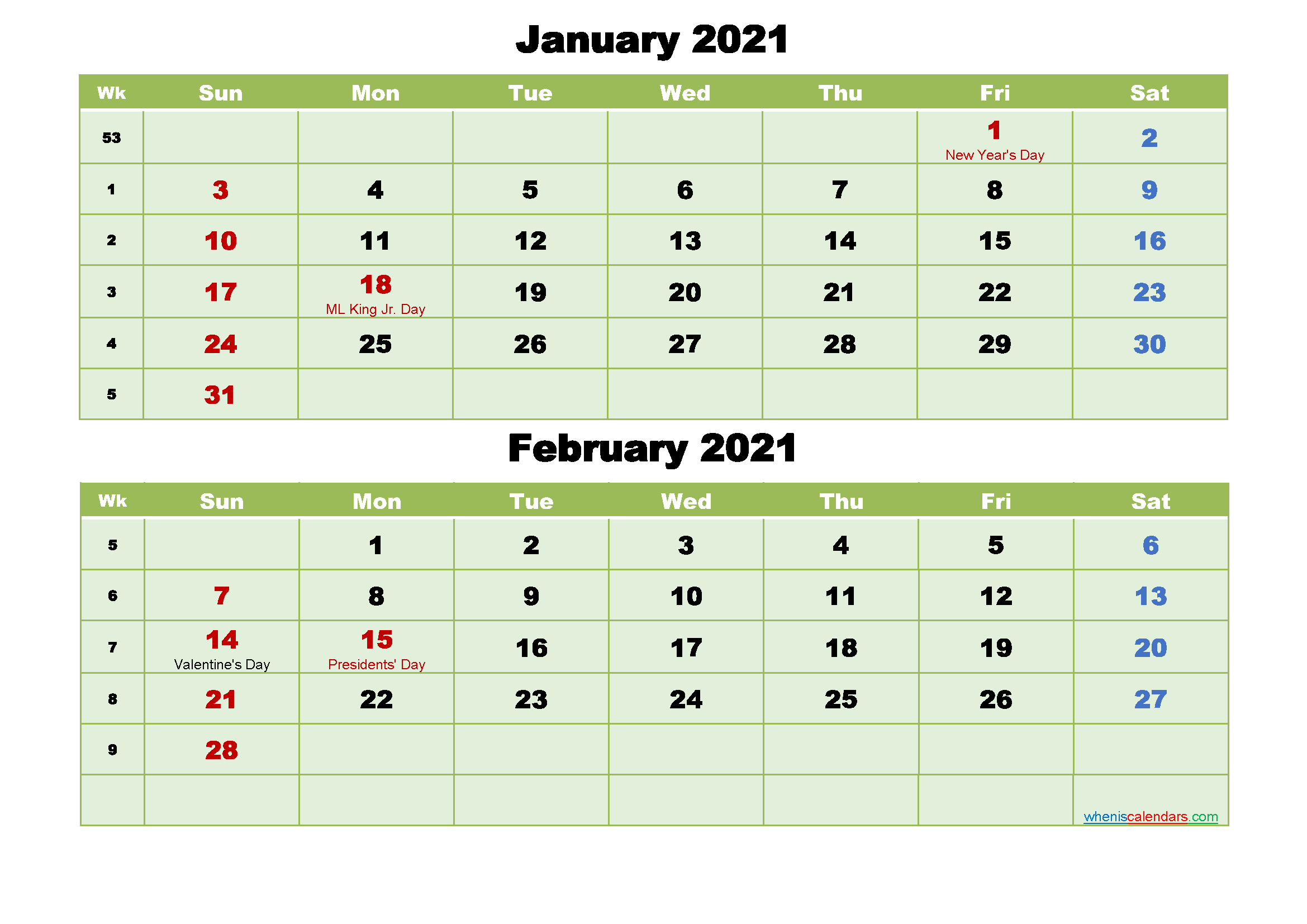 Printable Calendar January And February 2021 Word Pdf Free
