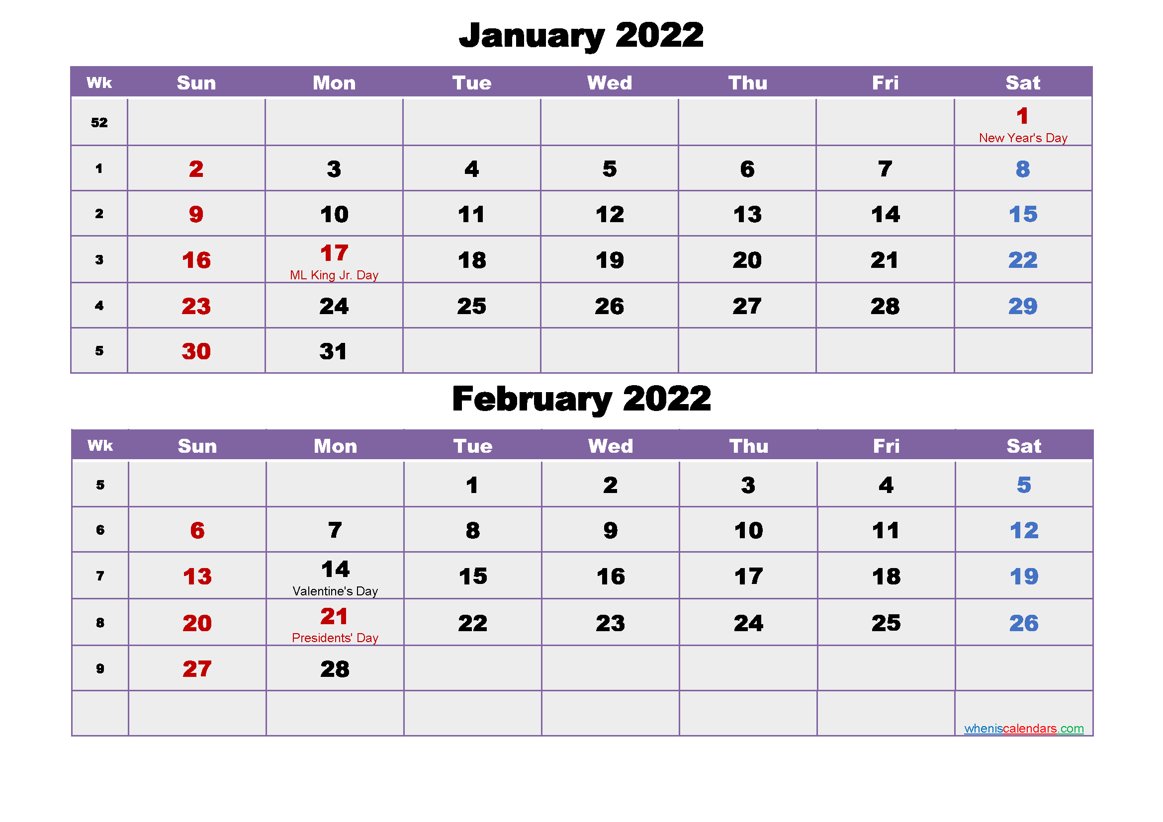 January and February Calendar 2022 Printable Word, PDF
