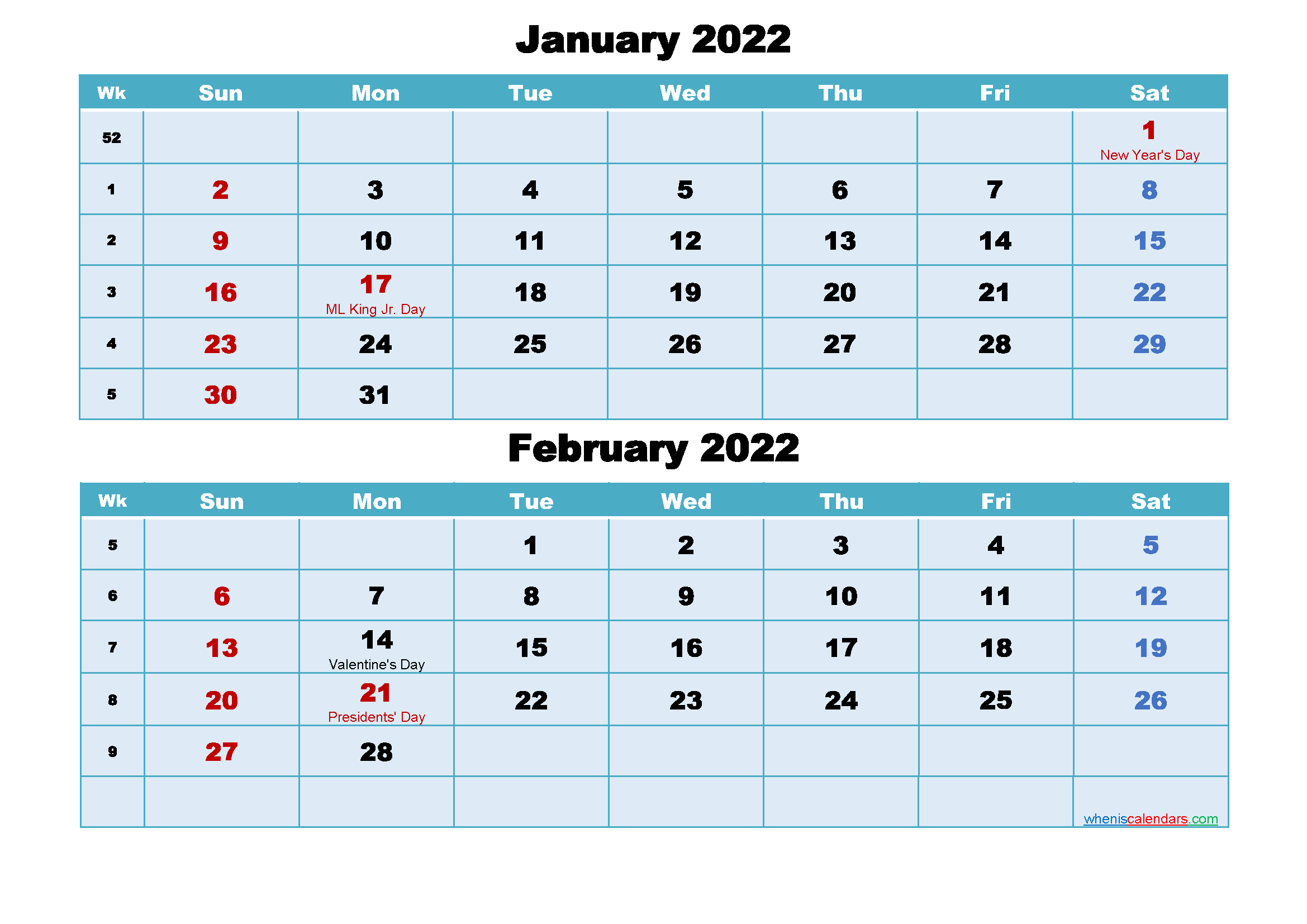 January and February 2022 Calendar with Holidays