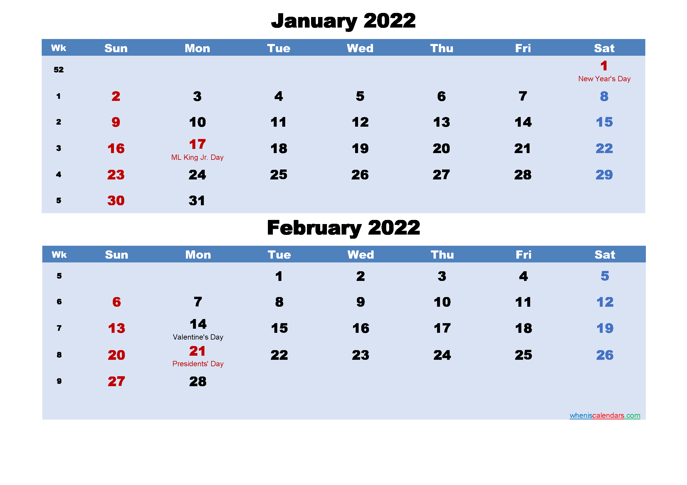 Printable Calendar January and February 2022 Word, PDF
