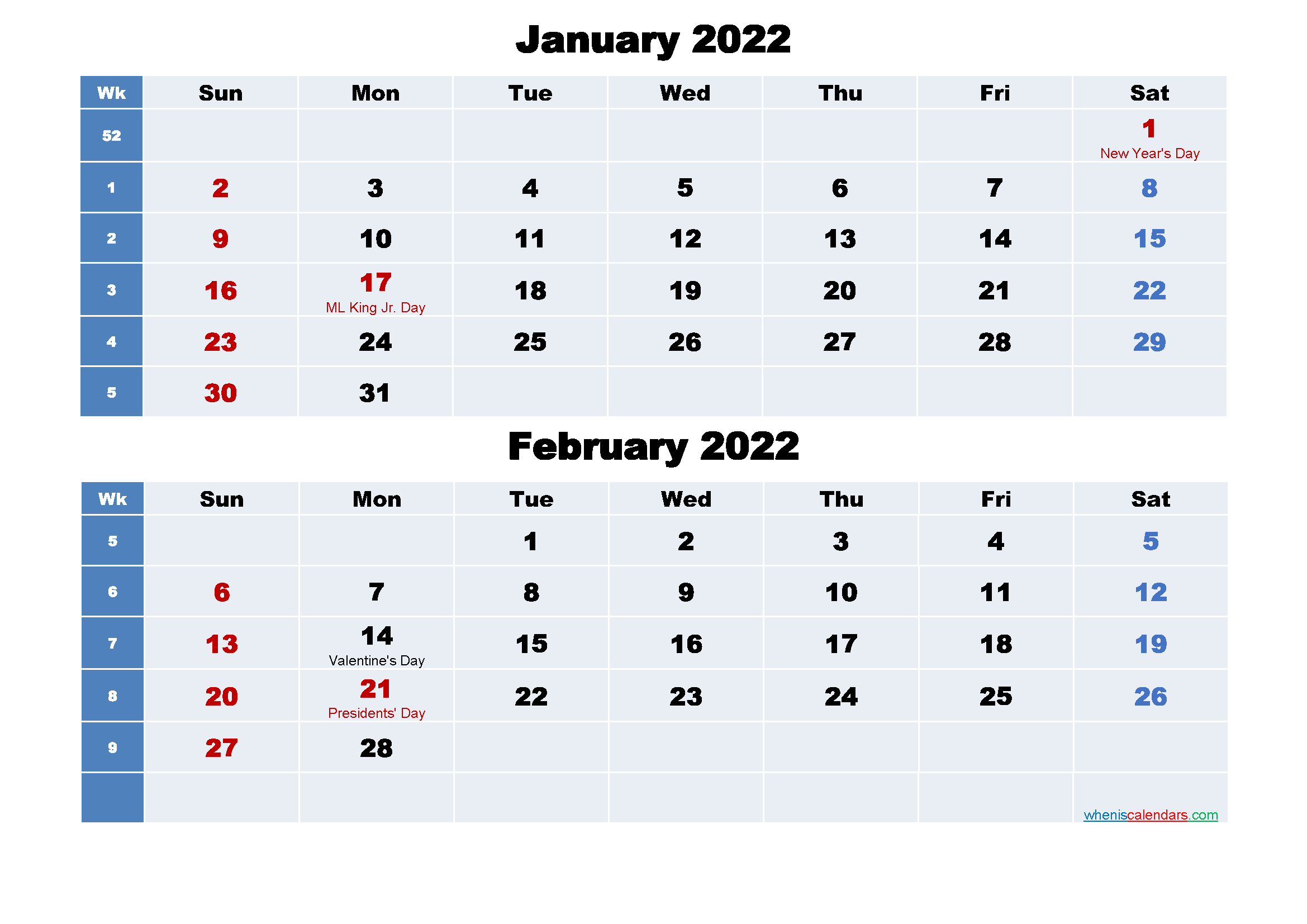 Calendar for January and February 2022 Word, PDF
