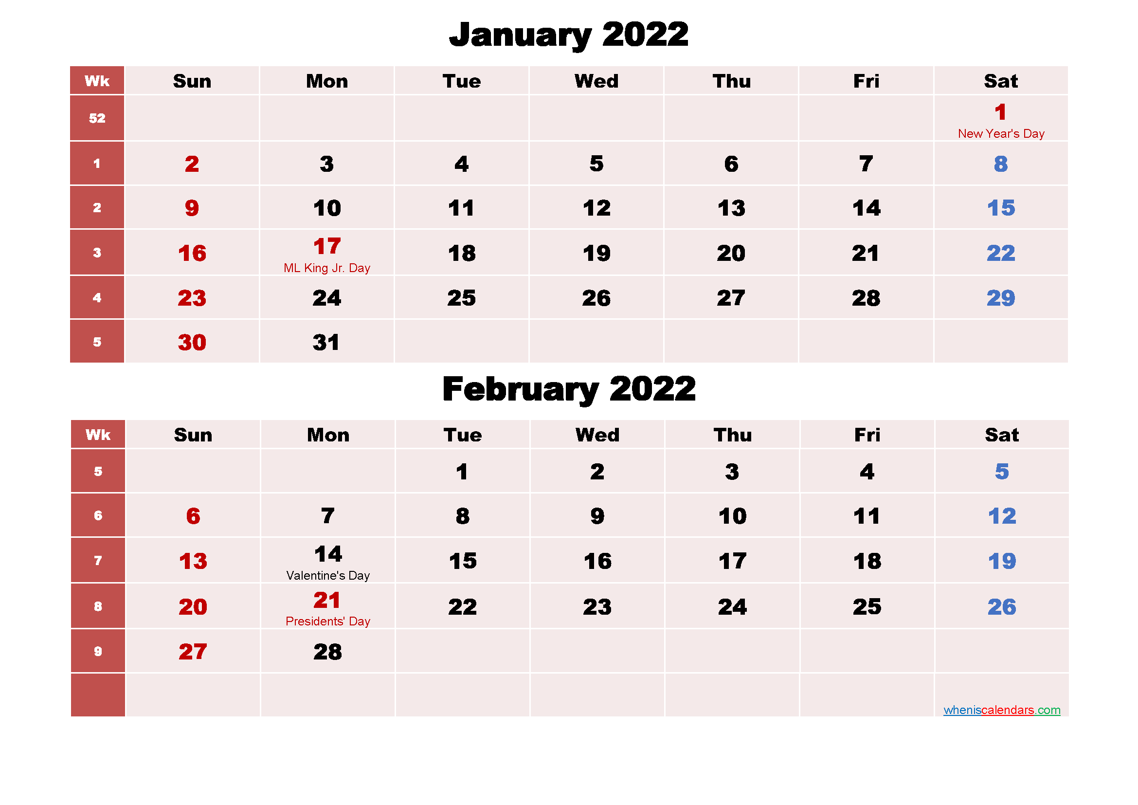 Printable Calendar January and February 2022 Word, PDF