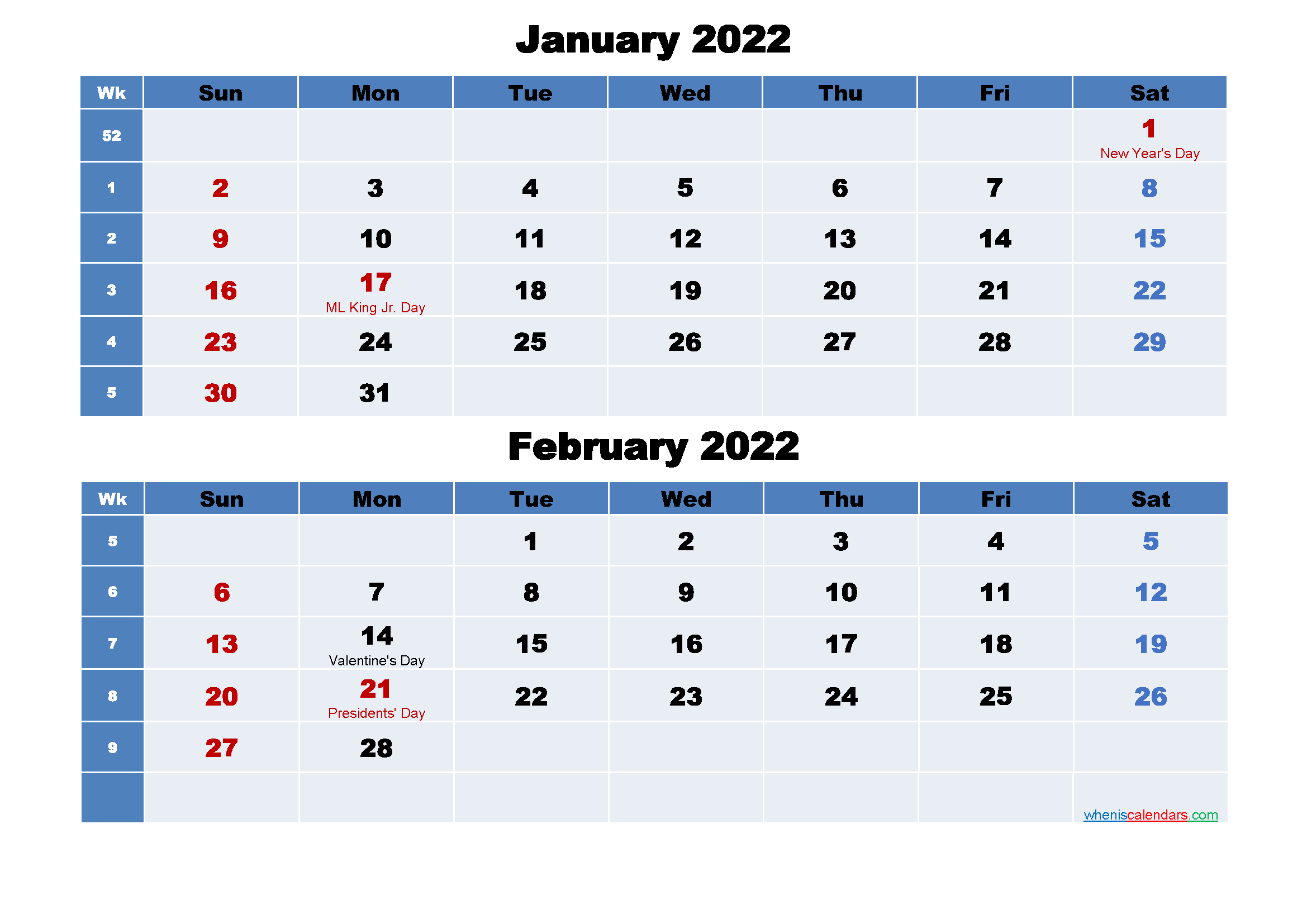 January and February 2022 Calendar with Holidays